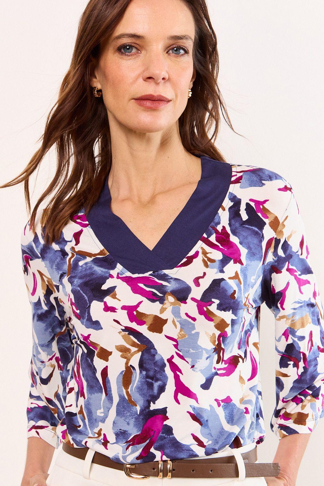 Polera Estampado Abstracto Cuello V Azul Ma Griffe 14302226054104-0