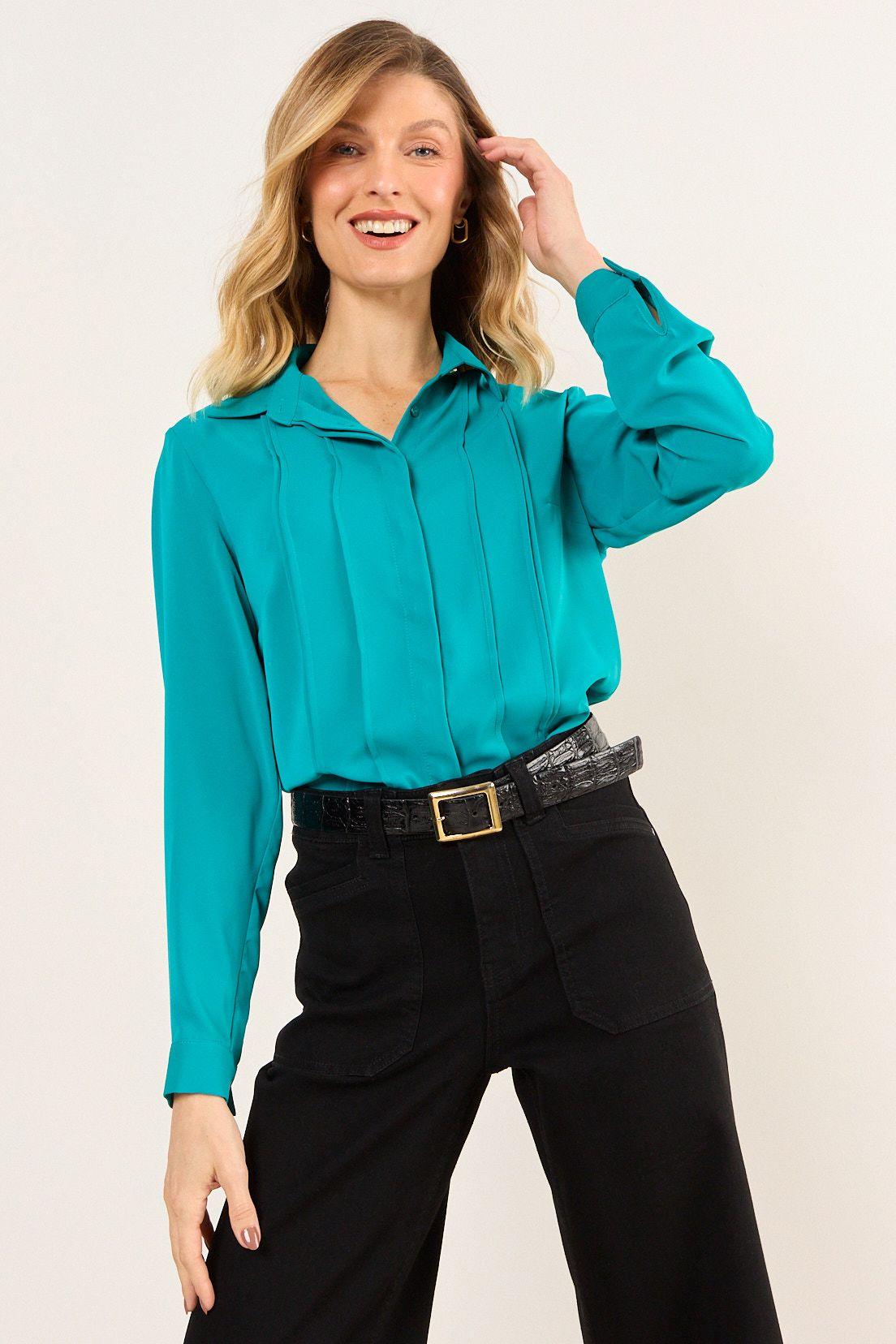 Blusa Camisera Alforzas Turquesa Ma Griffe 14002226050217-1