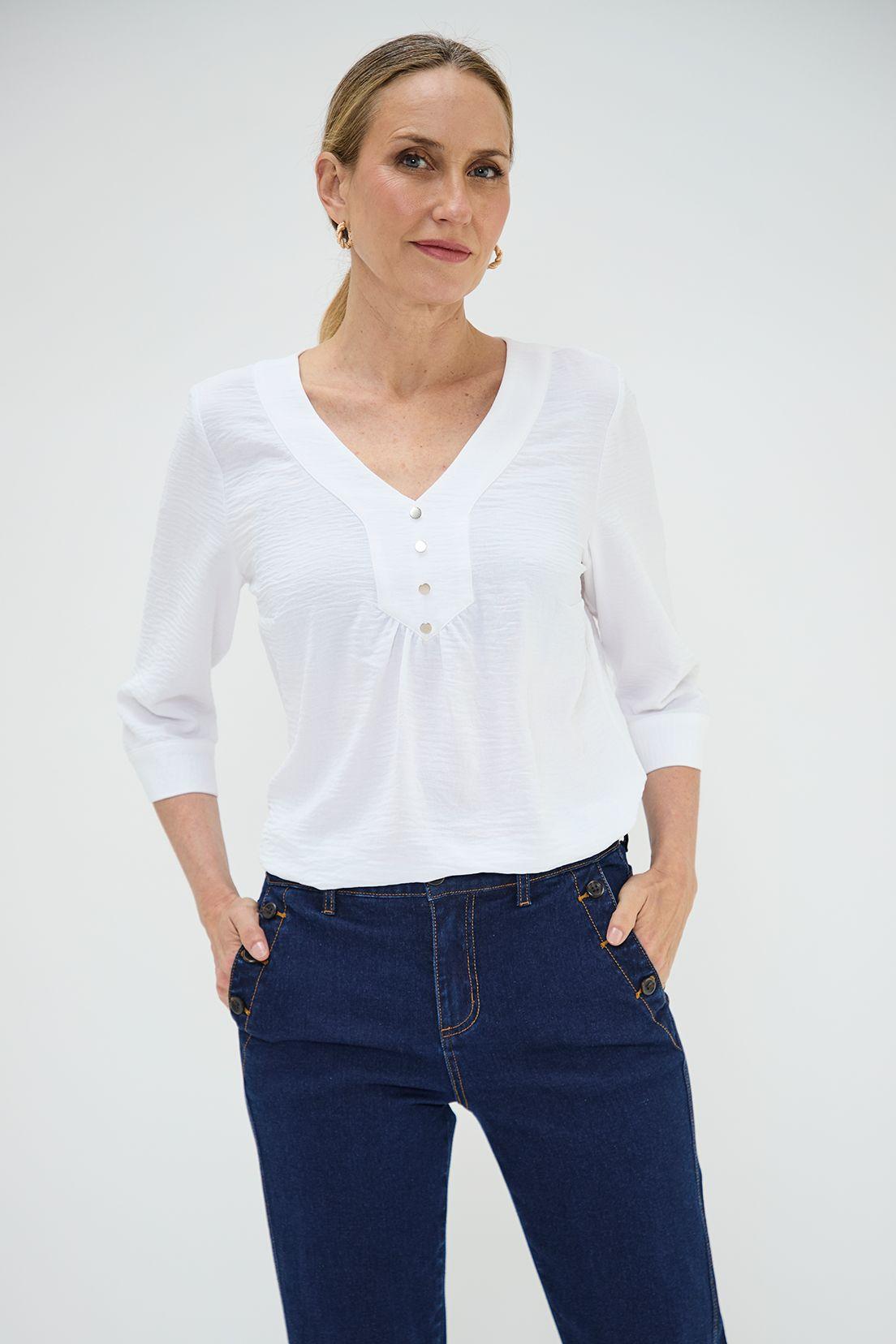 Blusa Escote En V Con Botones Crudo Ma Griffe 14002125004105-0