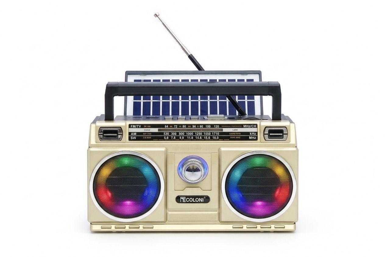 Radio Vintage Boombox Portátil Solar Con Luces Led plateado-0