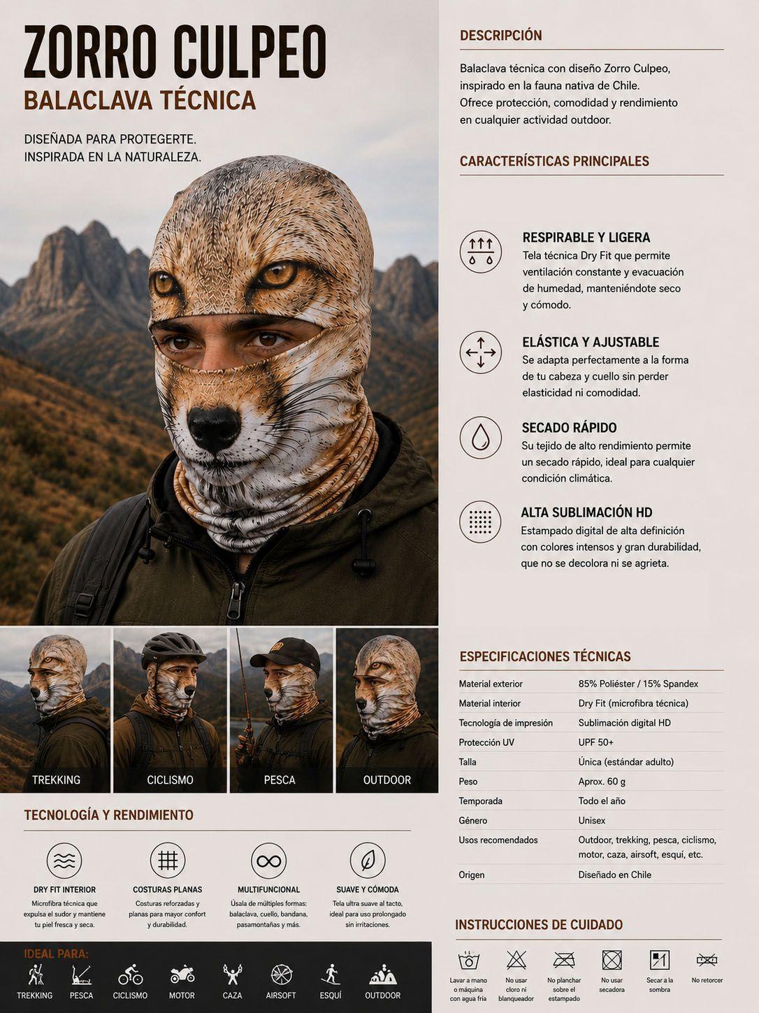 Balaclava Técnica TRAMA Zorro Culpeo Fauna Nativa de Chile-4