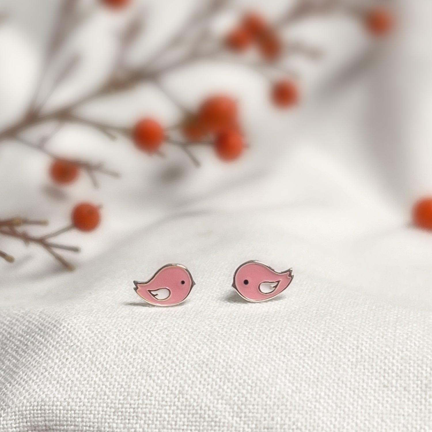 Aros Pajarito Rosado para niña, Plata 925 - Azul Zafira-1