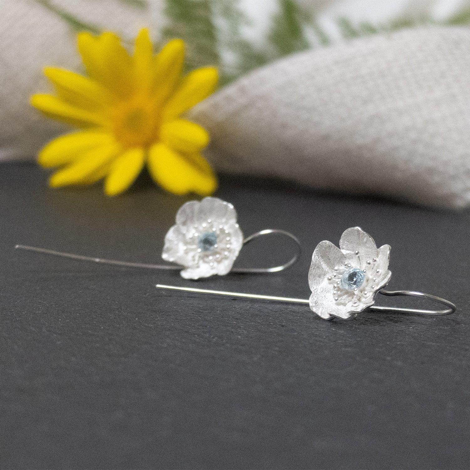 Aros Flores para mujer, Plata 925 y circón - Azul Zafira-1