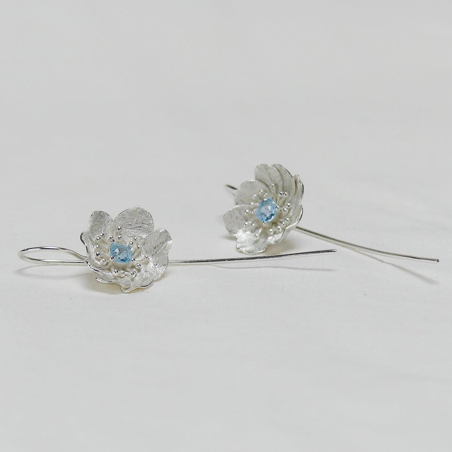 Aros Flores para mujer, Plata 925 y circón - Azul Zafira-4