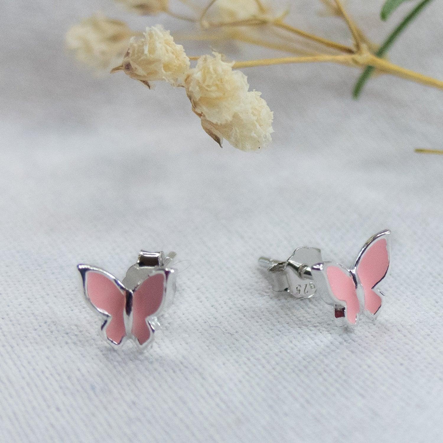 Aros Mariposita Rosada para niña, Plata 925 - Azul Zafira-1
