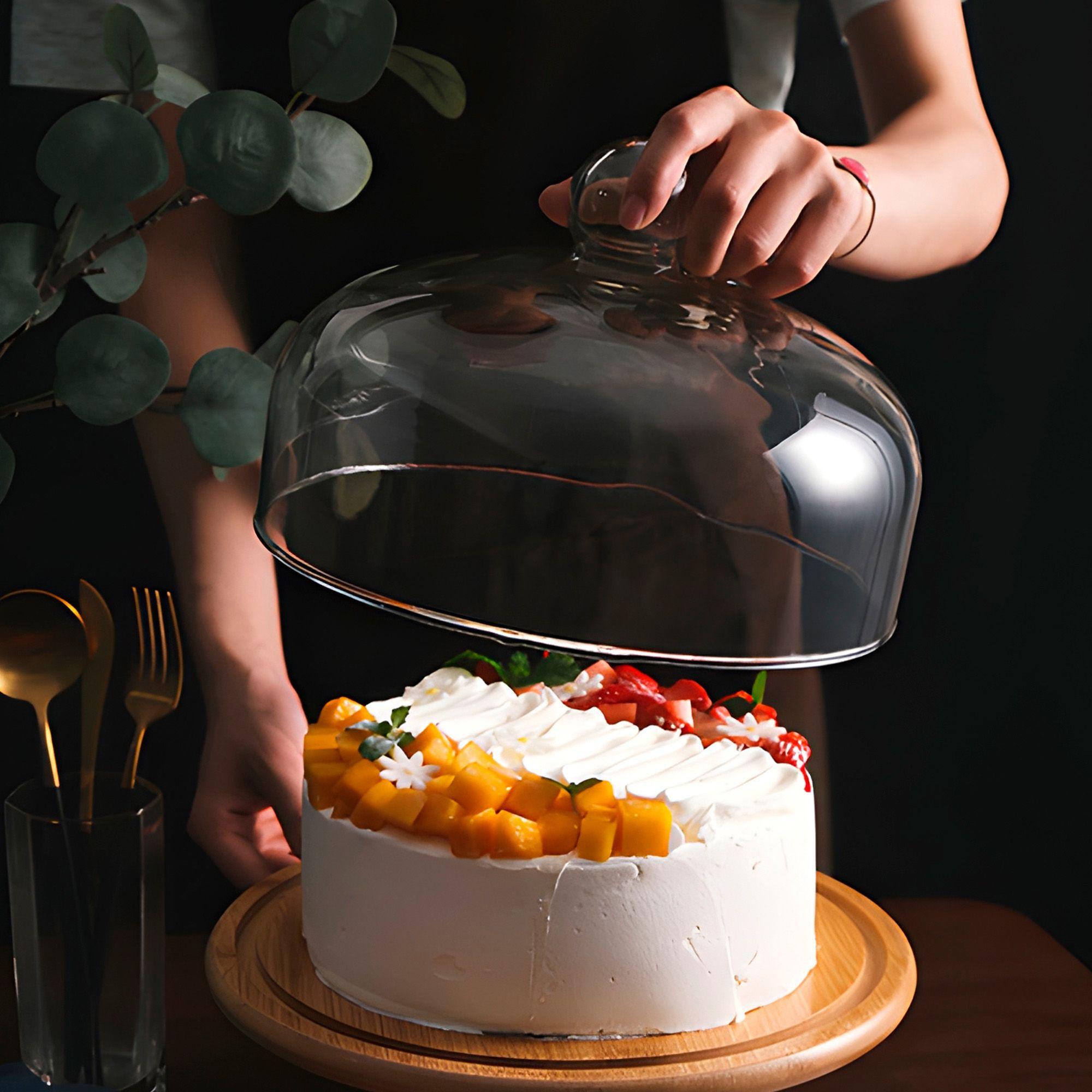 Exhibidor Torta Vidrio Base Pasteles Bambu Soporte Con Tapa-2