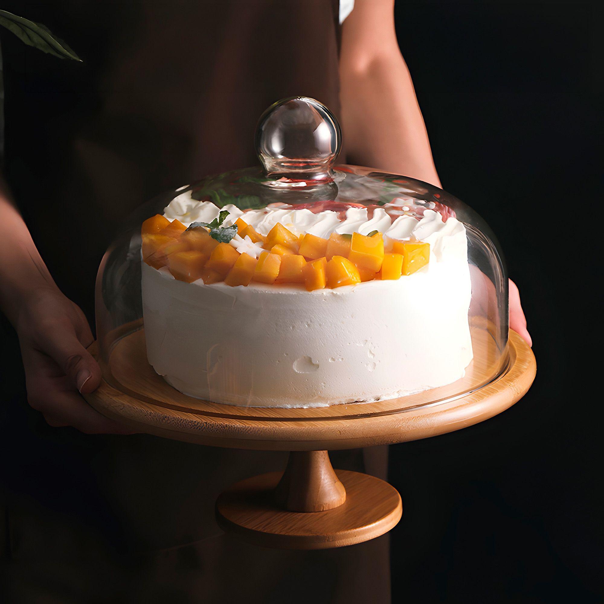 Exhibidor Torta Vidrio Base Pasteles Bambu Soporte Con Tapa-3