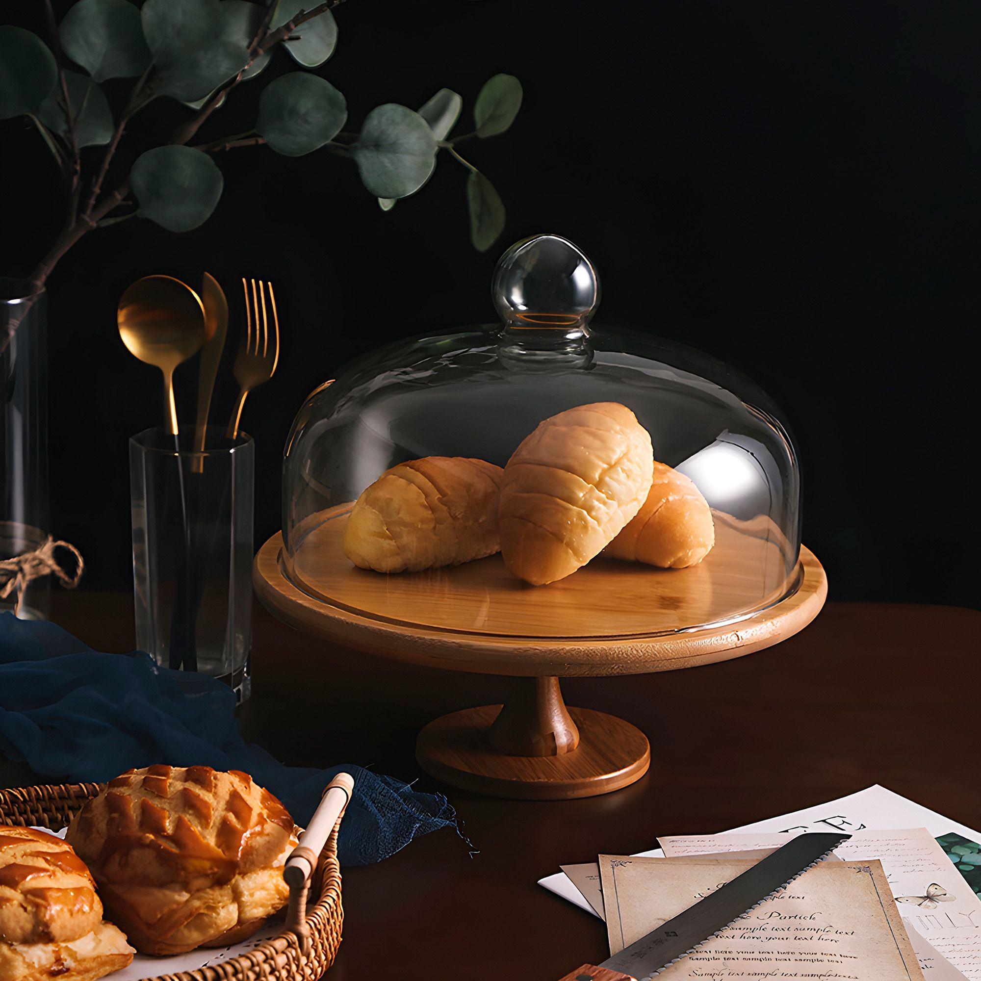Exhibidor Torta Vidrio Base Pasteles Bambu Soporte Con Tapa-5