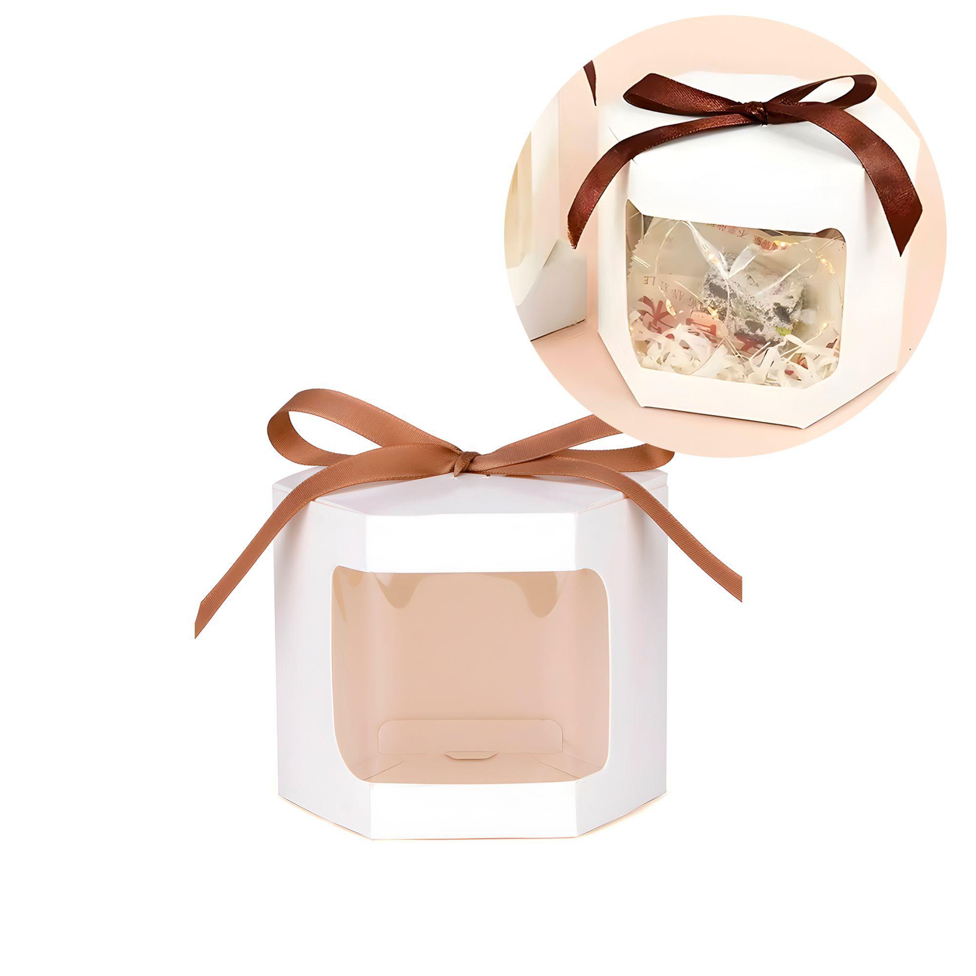 20 Cajas Regalo Hexagonal Blanca Visor Frontal 7x7x7 Cm-0