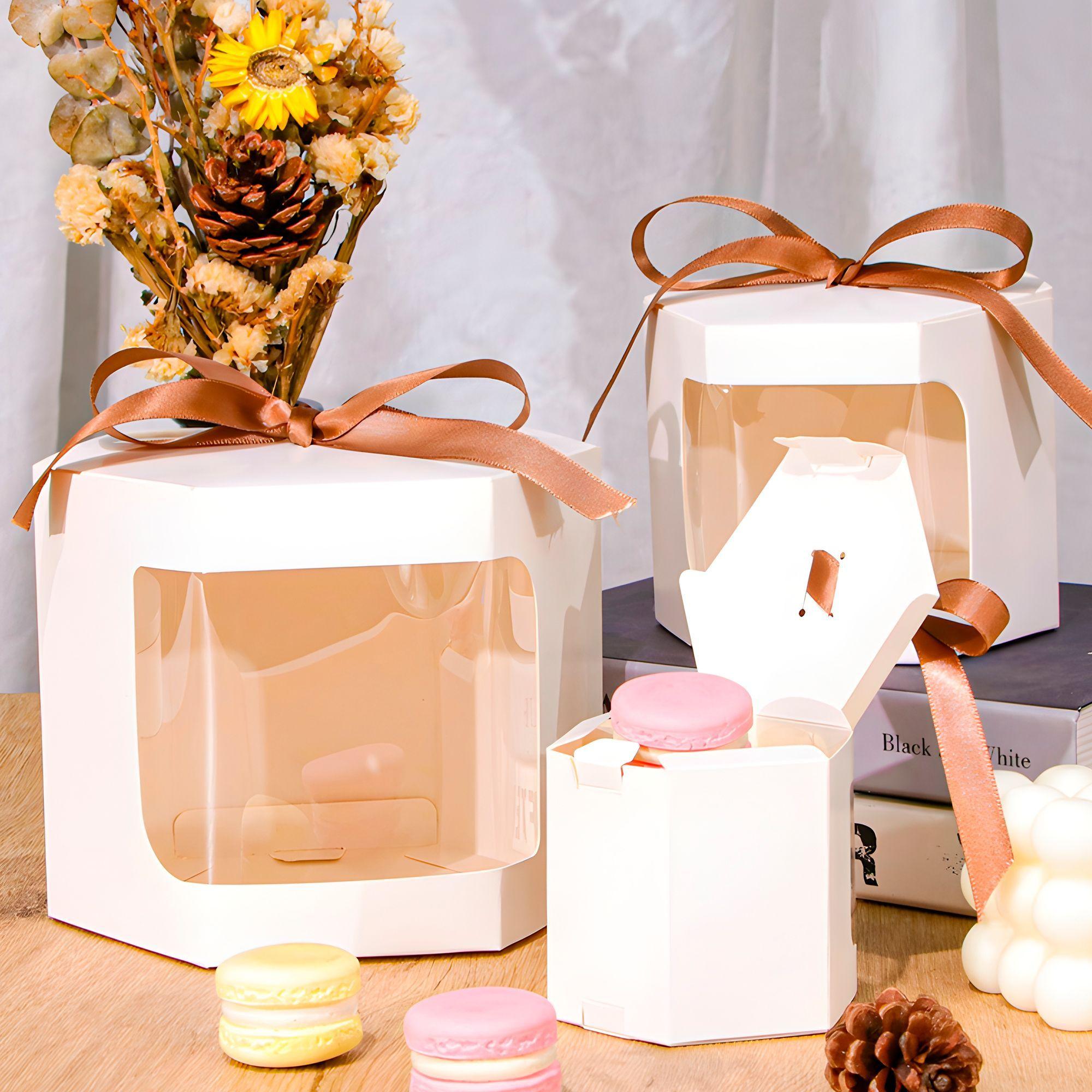 20 Cajas Regalo Hexagonal Blanca Visor Frontal 7x7x7 Cm-2