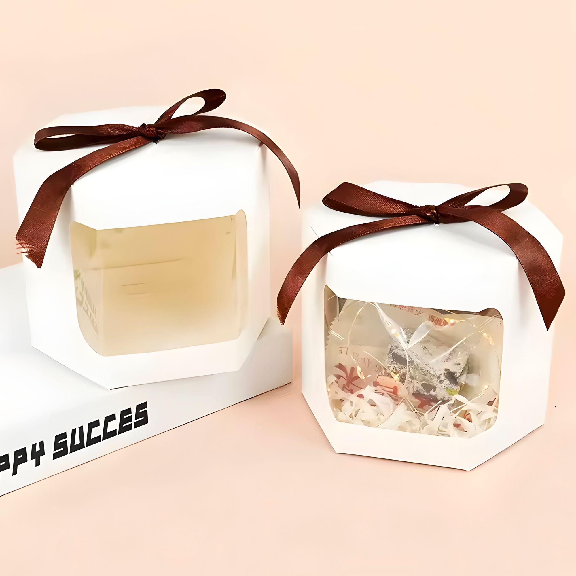 20 Cajas Regalo Hexagonal Blanca Visor Frontal 7x7x7 Cm-4