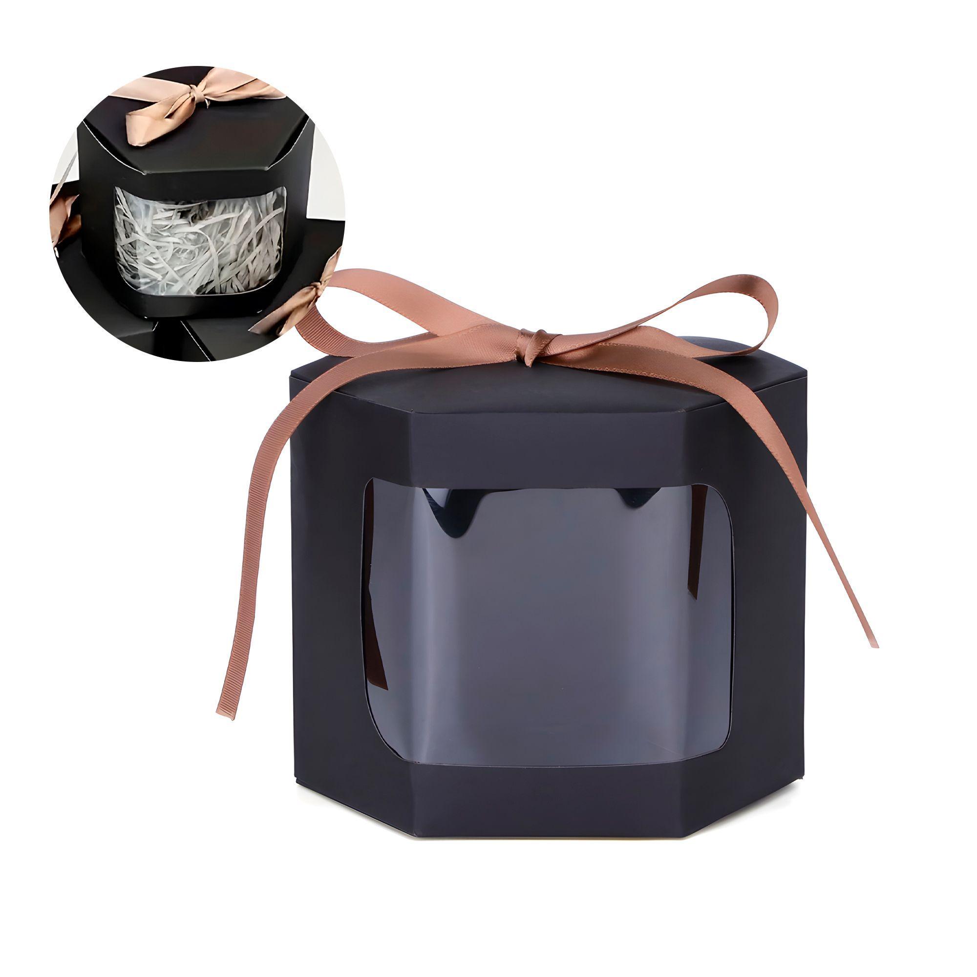 20 Cajas Regalo Hexagonal Negra Visor Frontal 10x10x10 Cm-0