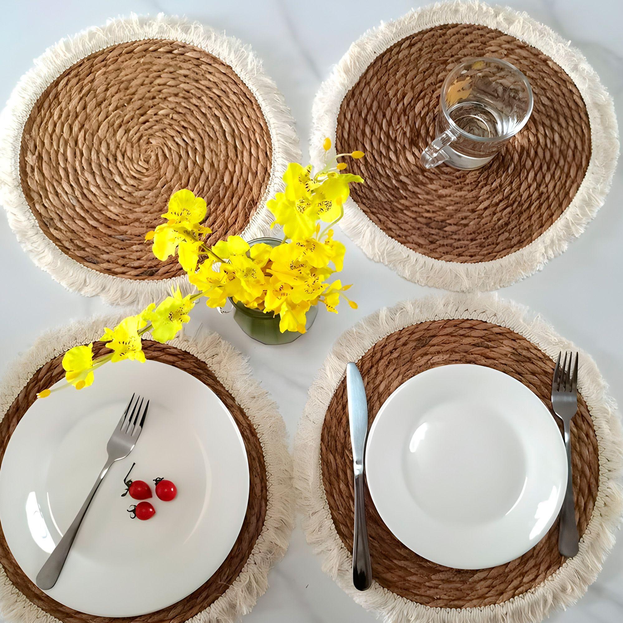 4 Individuales Yute Redondo Comedor Tejido 30 Cm Beige-6