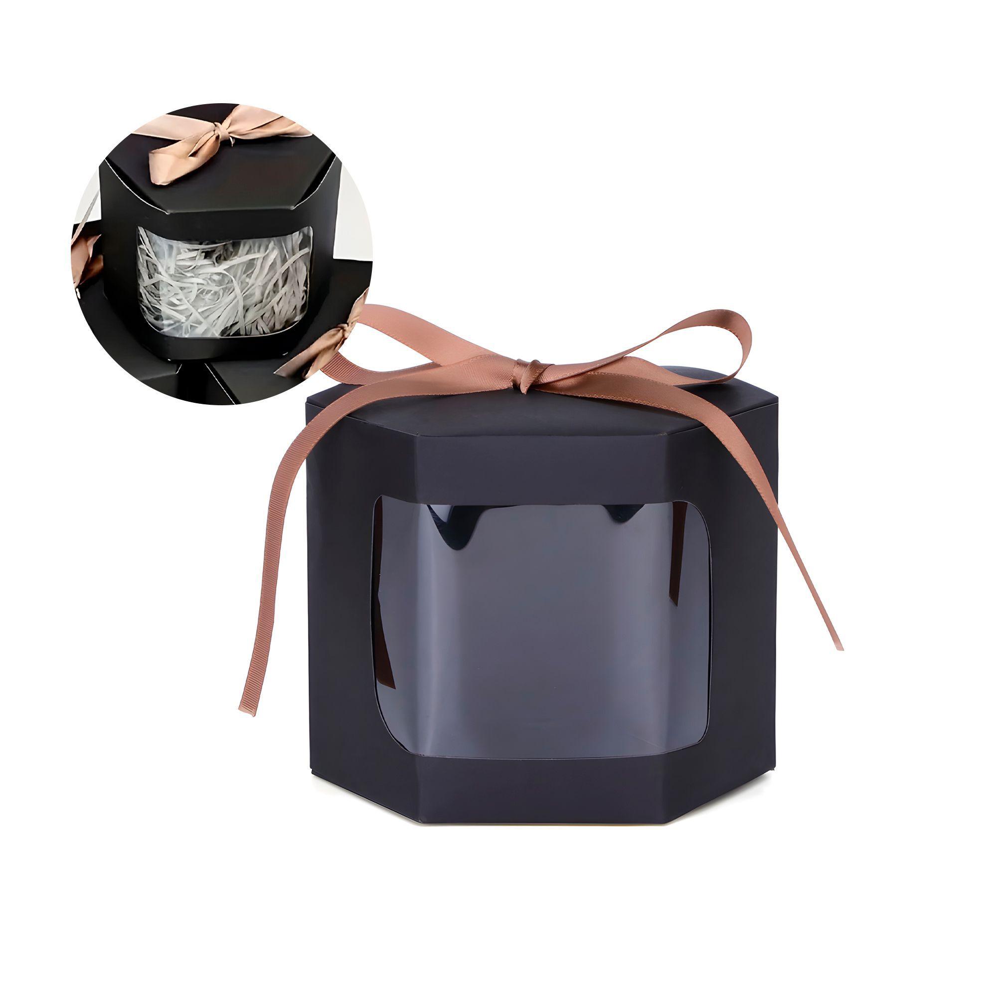 20 Cajas Regalo Hexagonal Negra Ventana Transparente 7x7x7cm-0