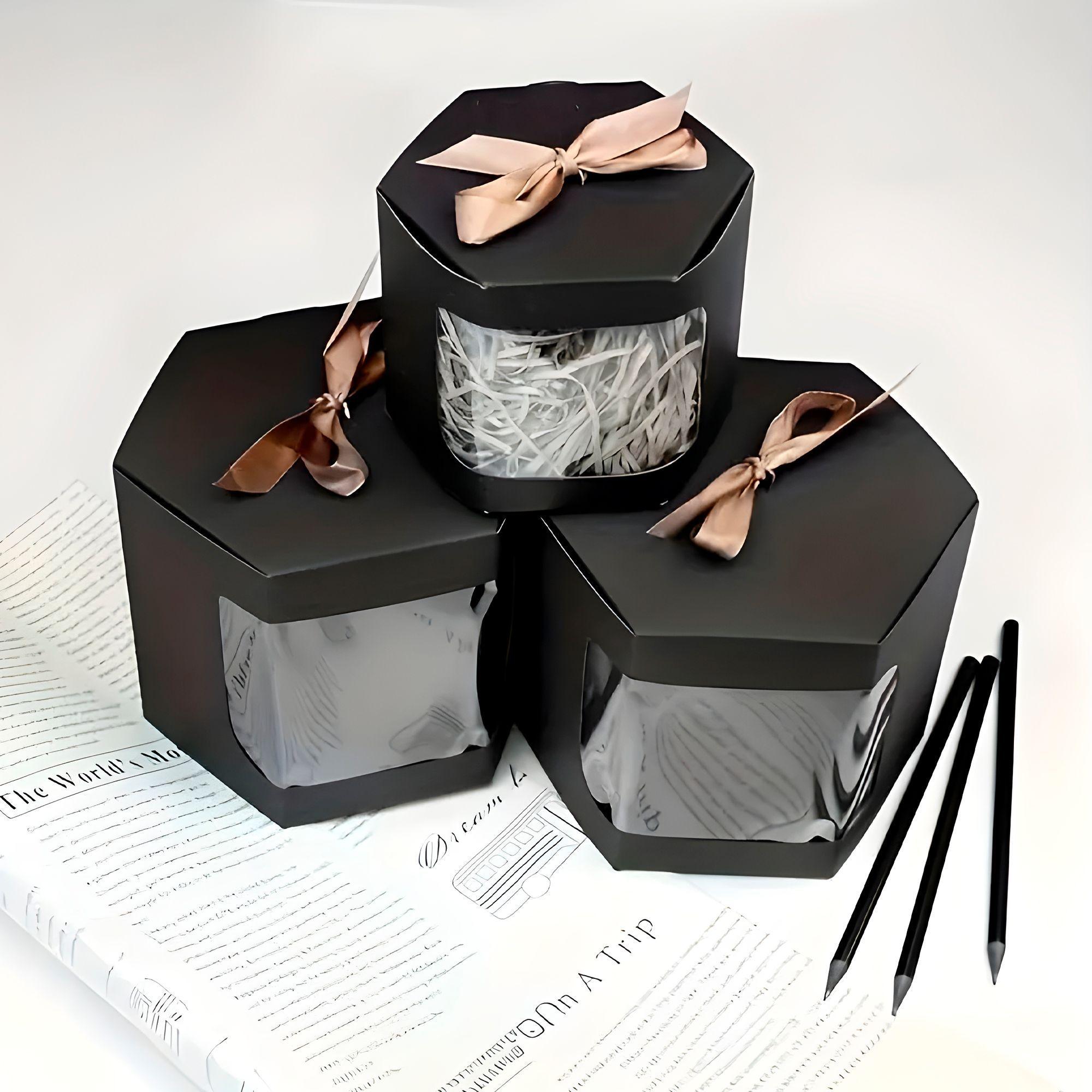 20 Cajas Regalo Hexagonal Negra Ventana Transparente 7x7x7cm-8