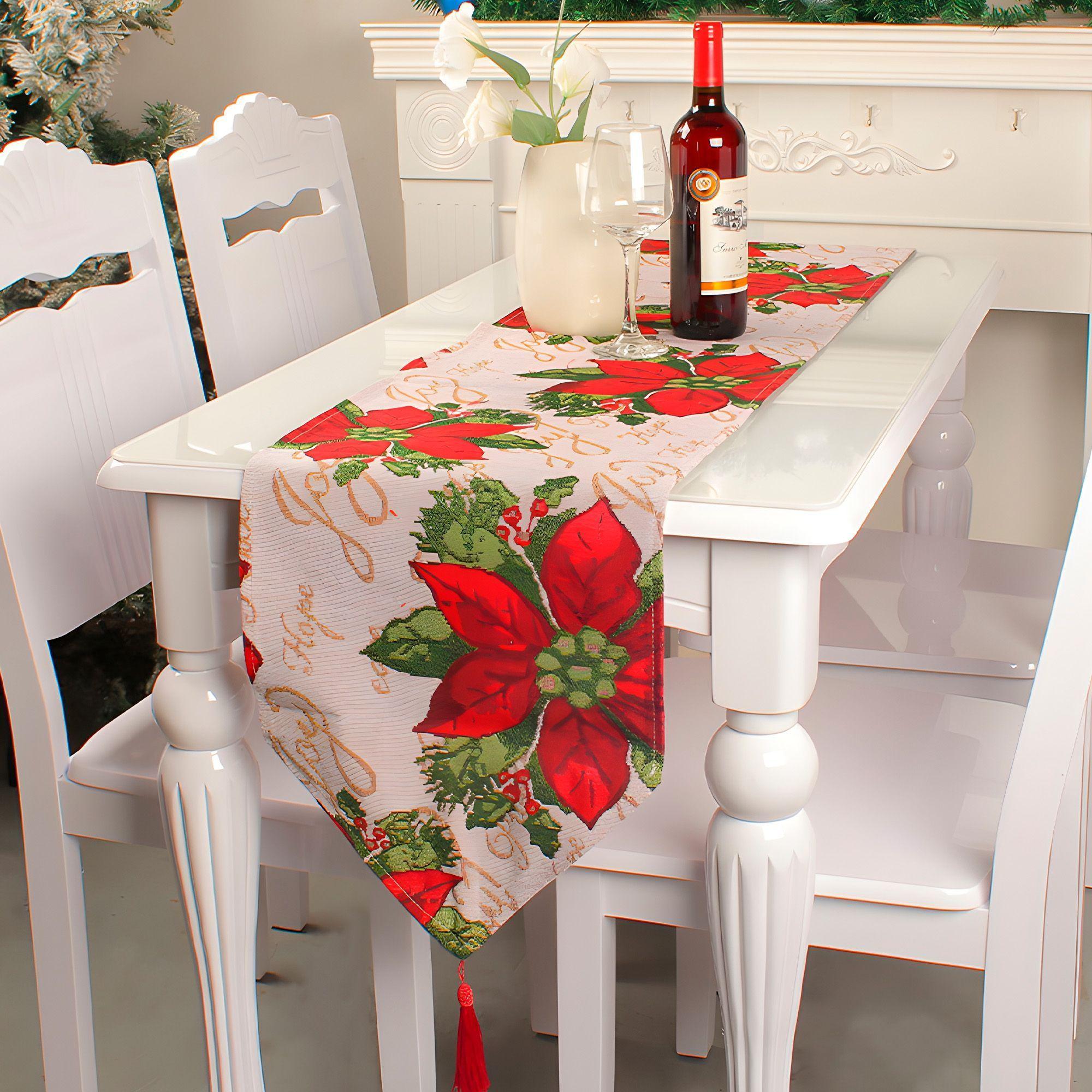 Camino De Mesa Navideño Flores Rojas Decorativo 180x35 Cm-6