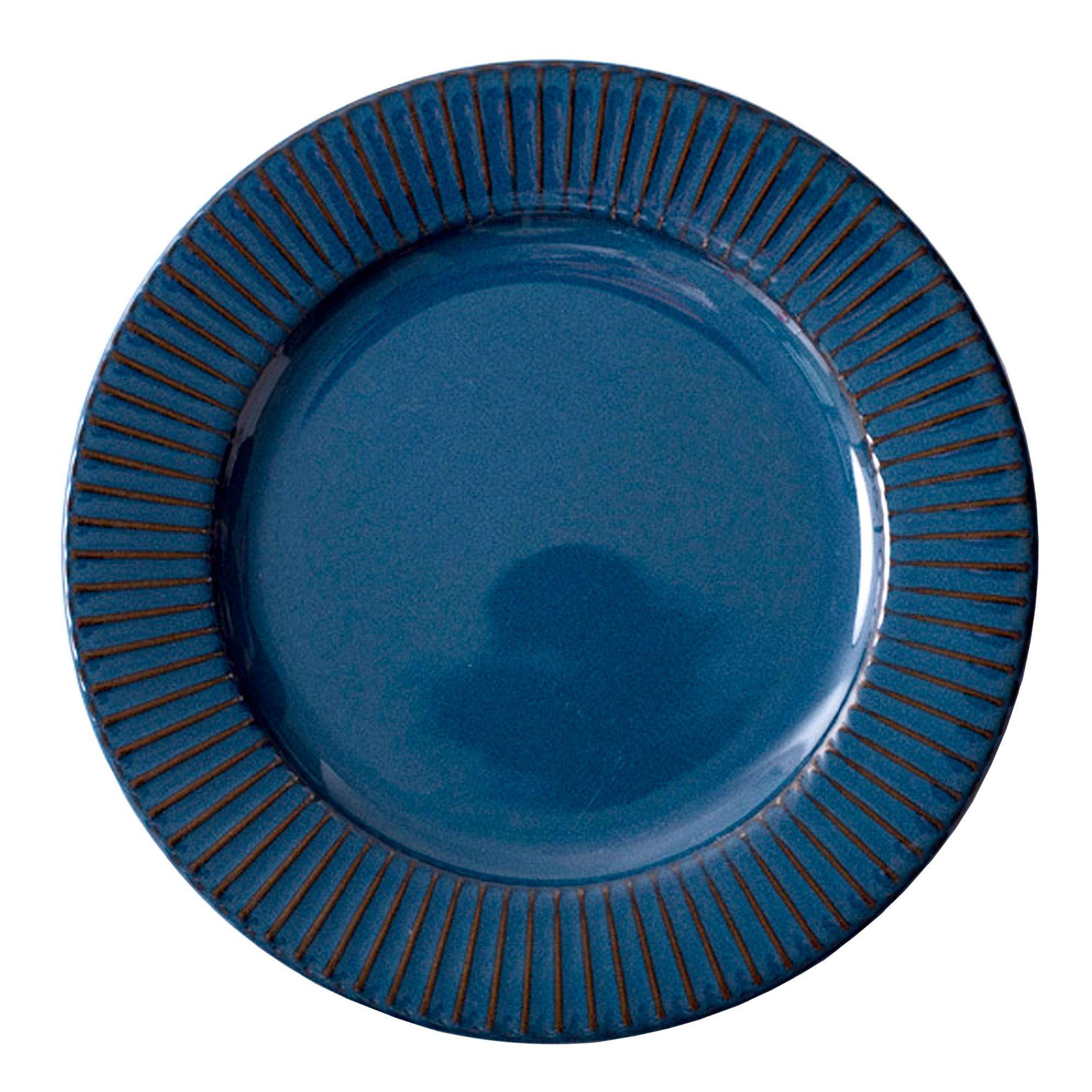 Plato Llano Entrada Cerámica Azul Borde Líneas 21 3cm X6-0