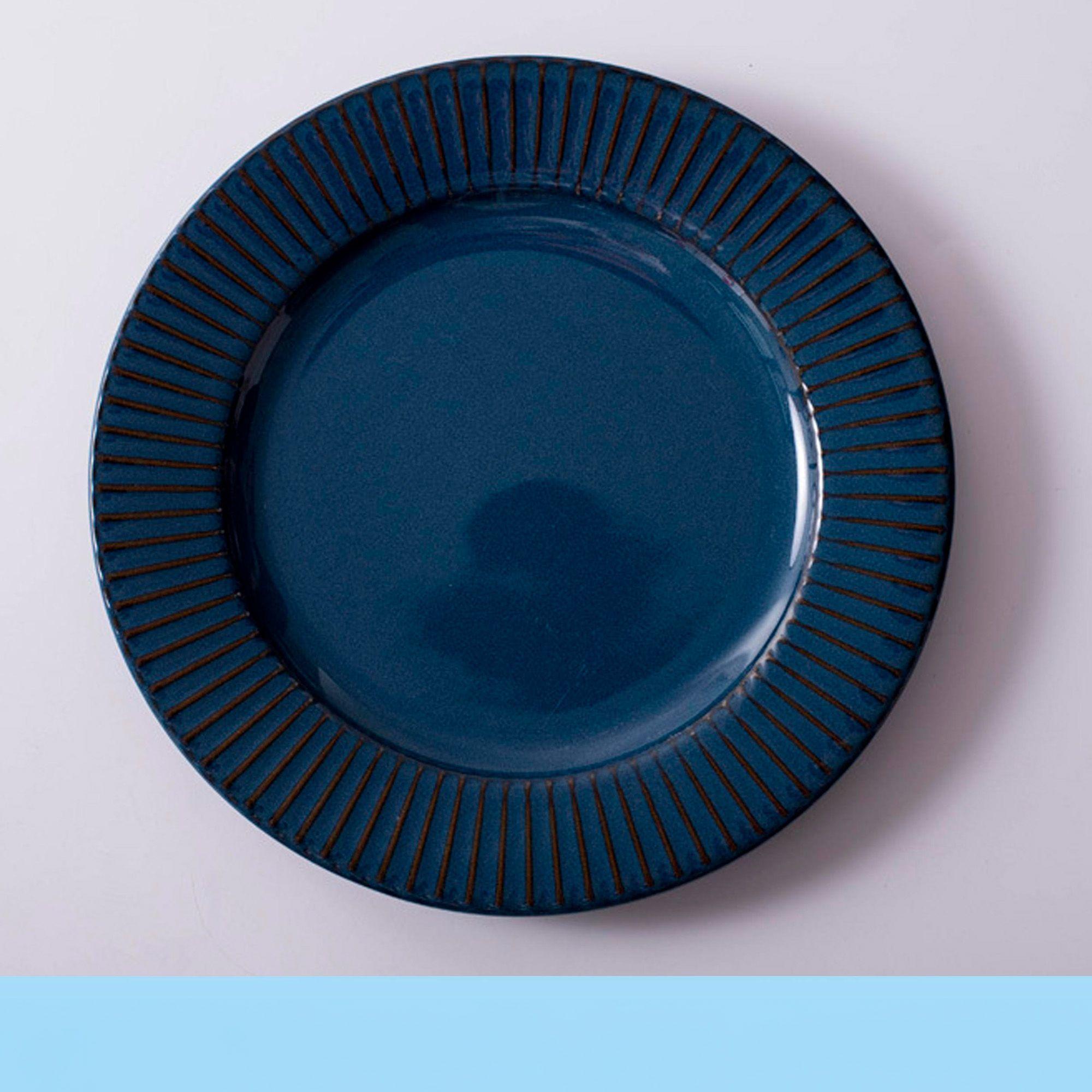 Plato Llano Entrada Cerámica Azul Borde Líneas 21 3cm X6-2