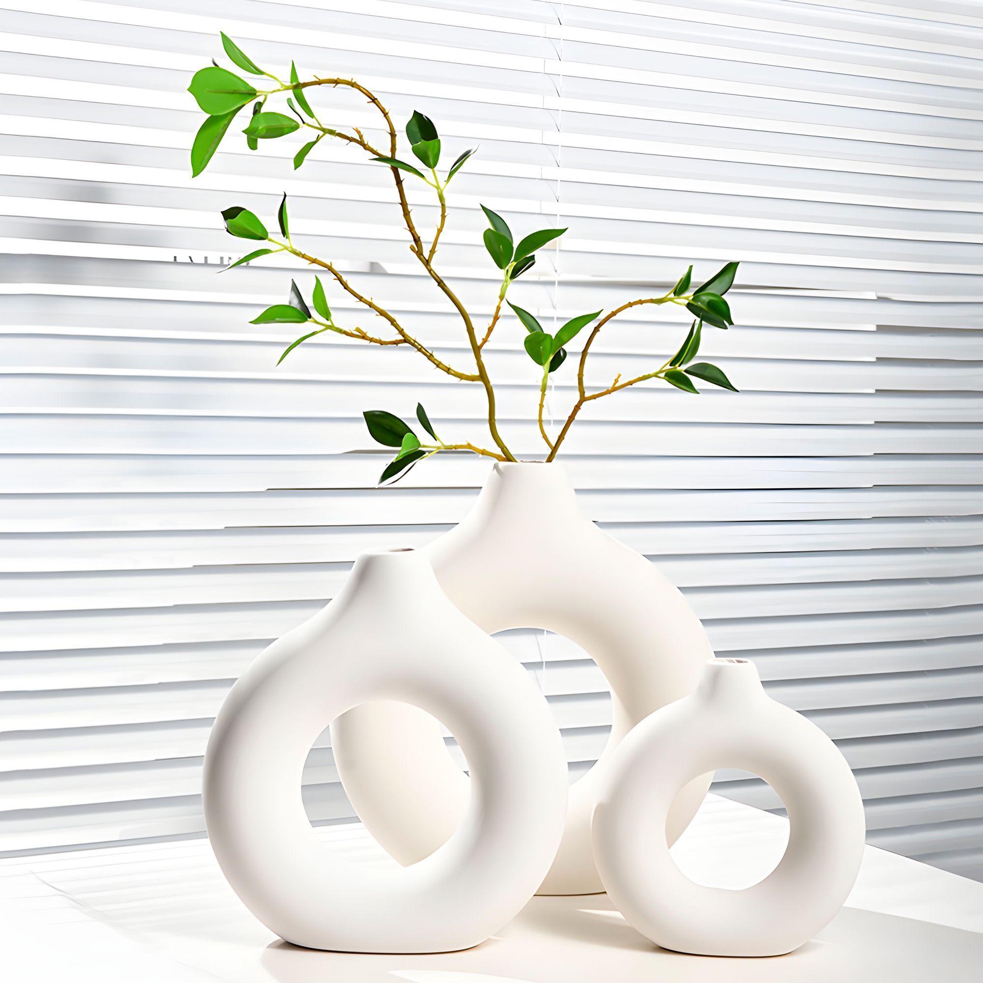 3 Jarrónes Floreros Cerámica Blanca Plantas Tamaños-3