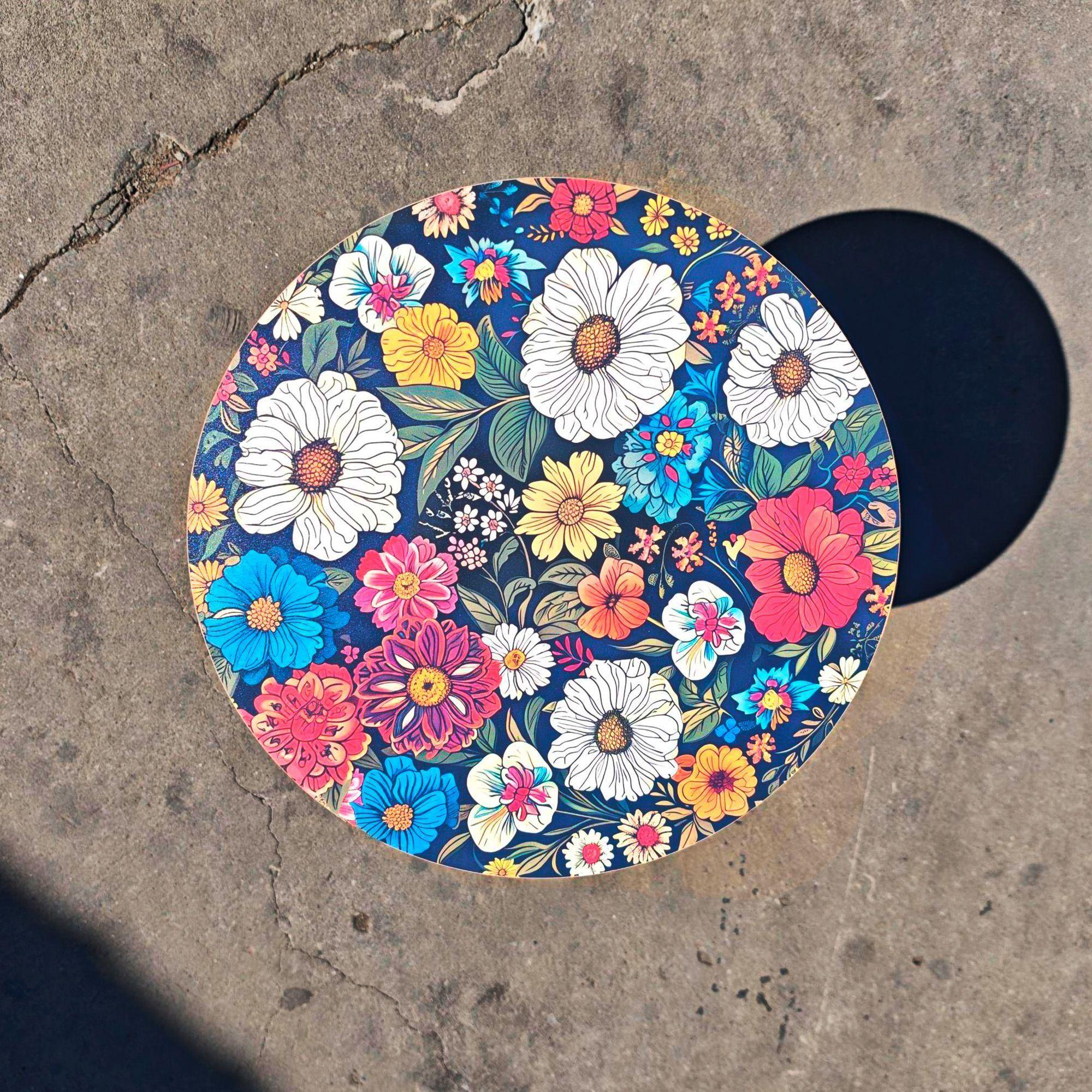 Mesa Centro Living Bohemio Flores Madera Redonda Decorativa-2