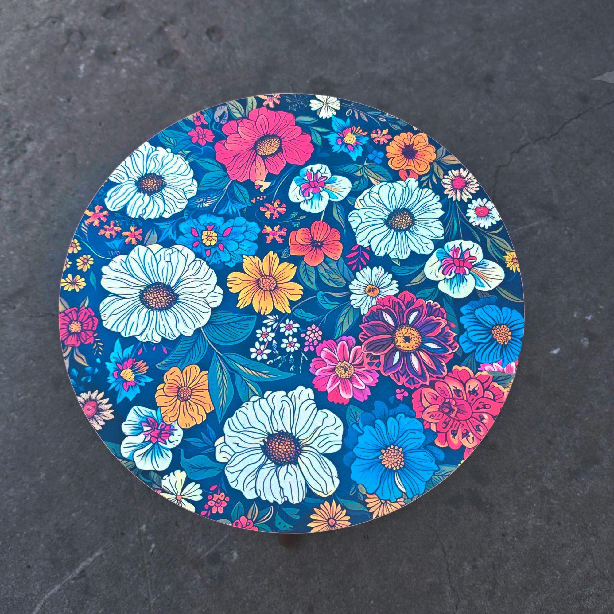 Mesa Centro Living Bohemio Flores Madera Redonda Decorativa-3