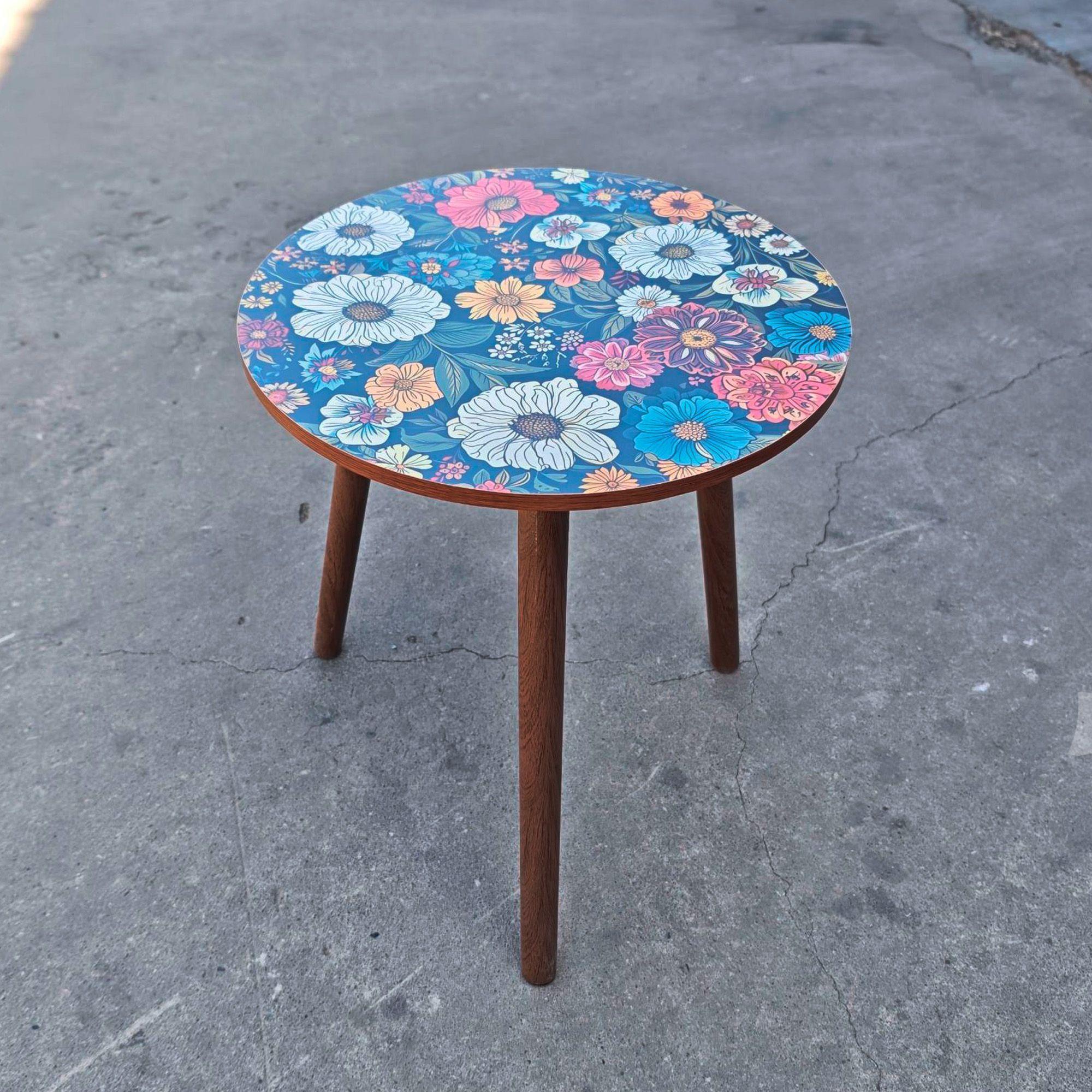 Mesa Centro Living Bohemio Flores Madera Redonda Decorativa-4