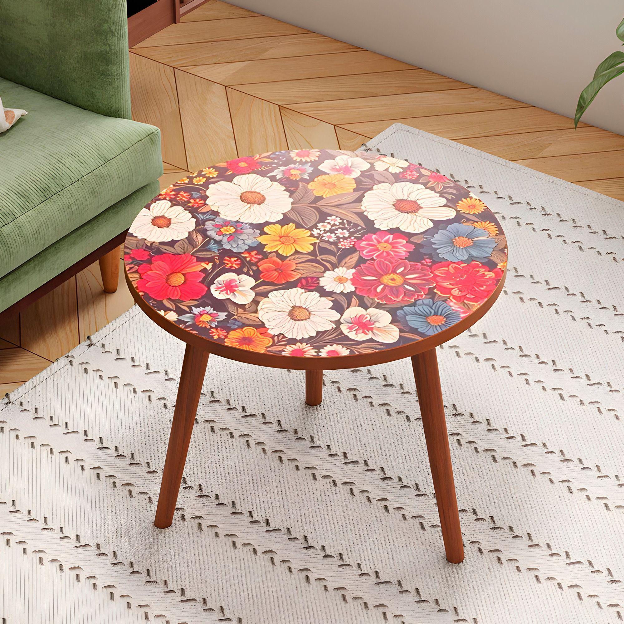 Mesa Centro Living Bohemio Flores Madera Redonda Decorativa-5