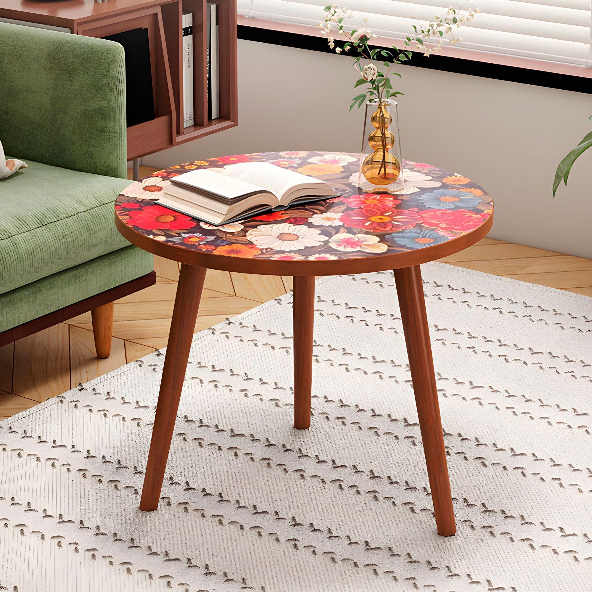 Mesa Centro Living Bohemio Flores Madera Redonda Decorativa-6