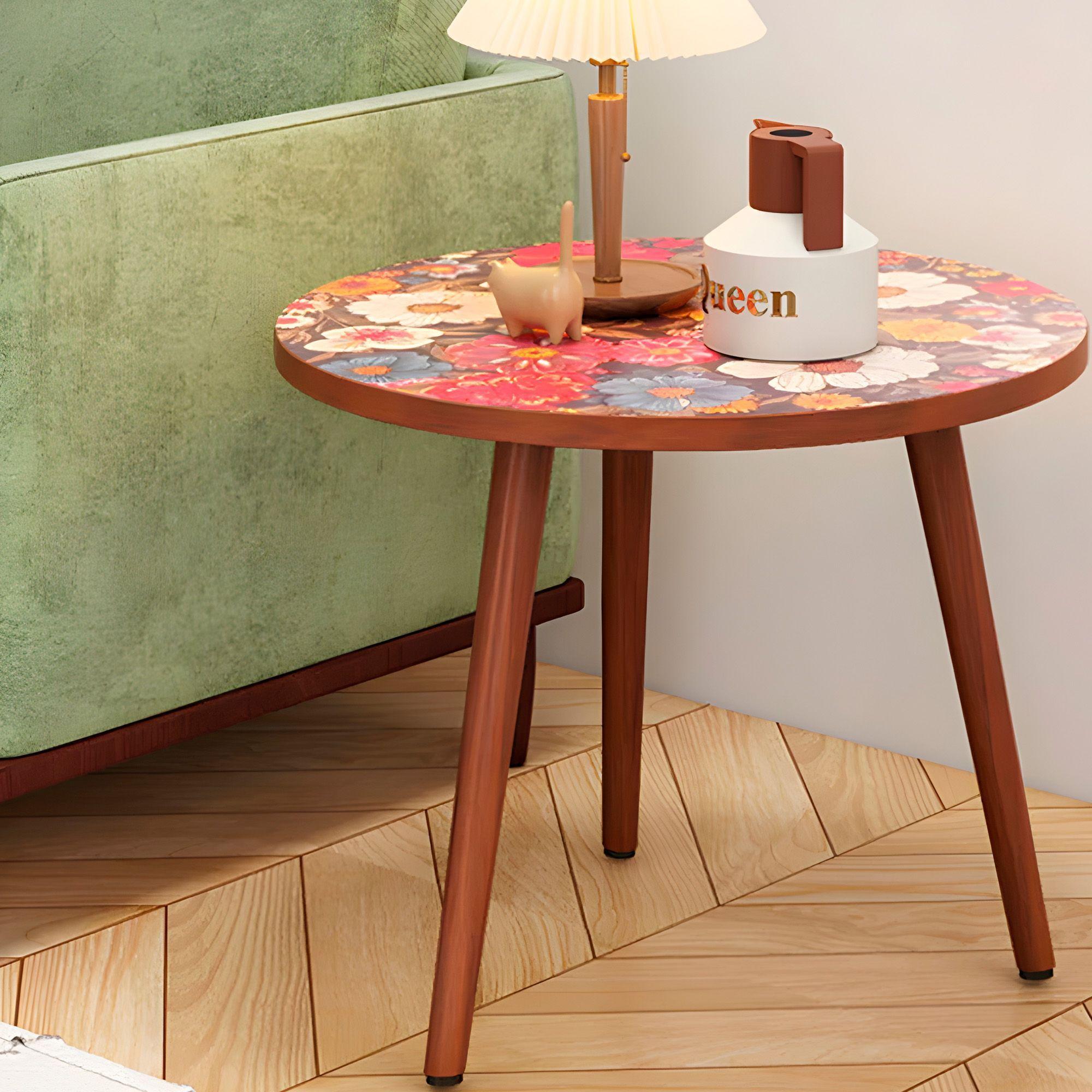 Mesa Centro Living Bohemio Flores Madera Redonda Decorativa-8