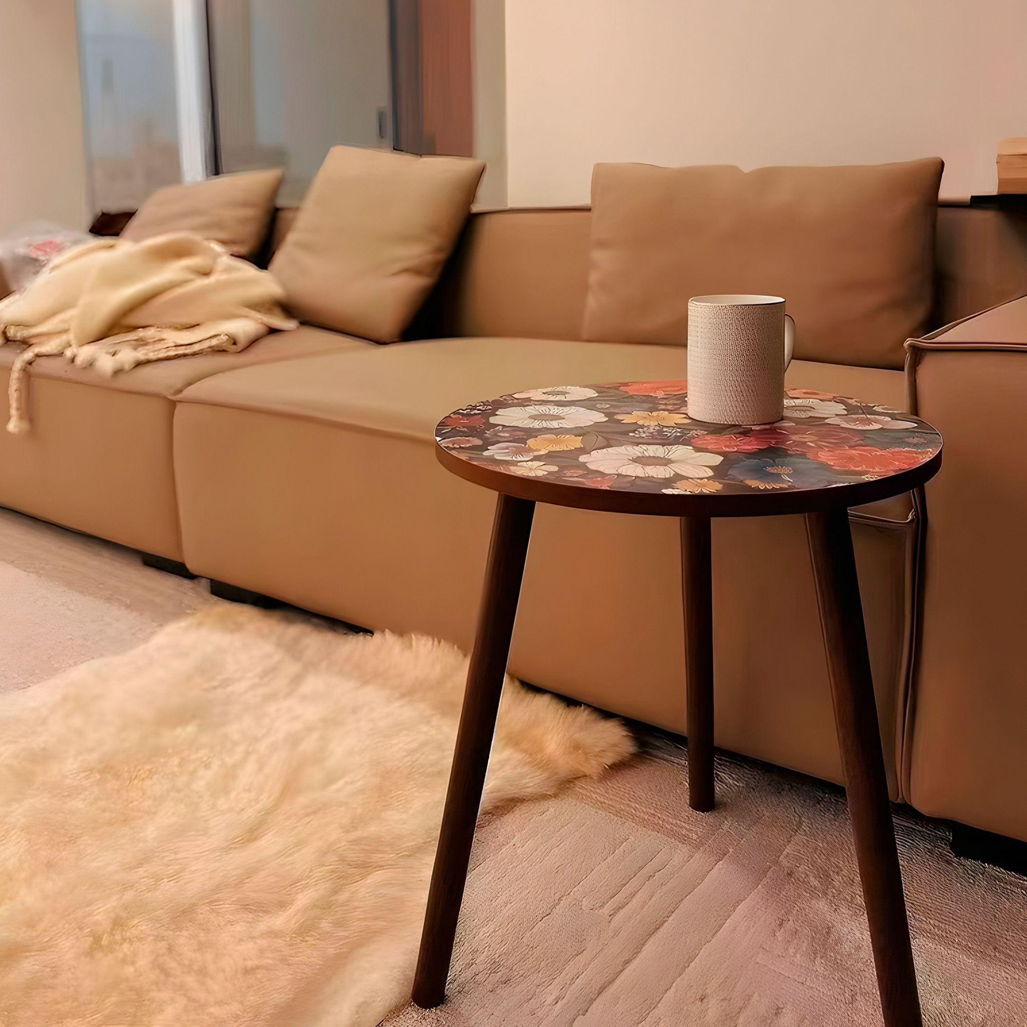 Mesa Centro Living Bohemio Flores Madera Redonda Decorativa-9