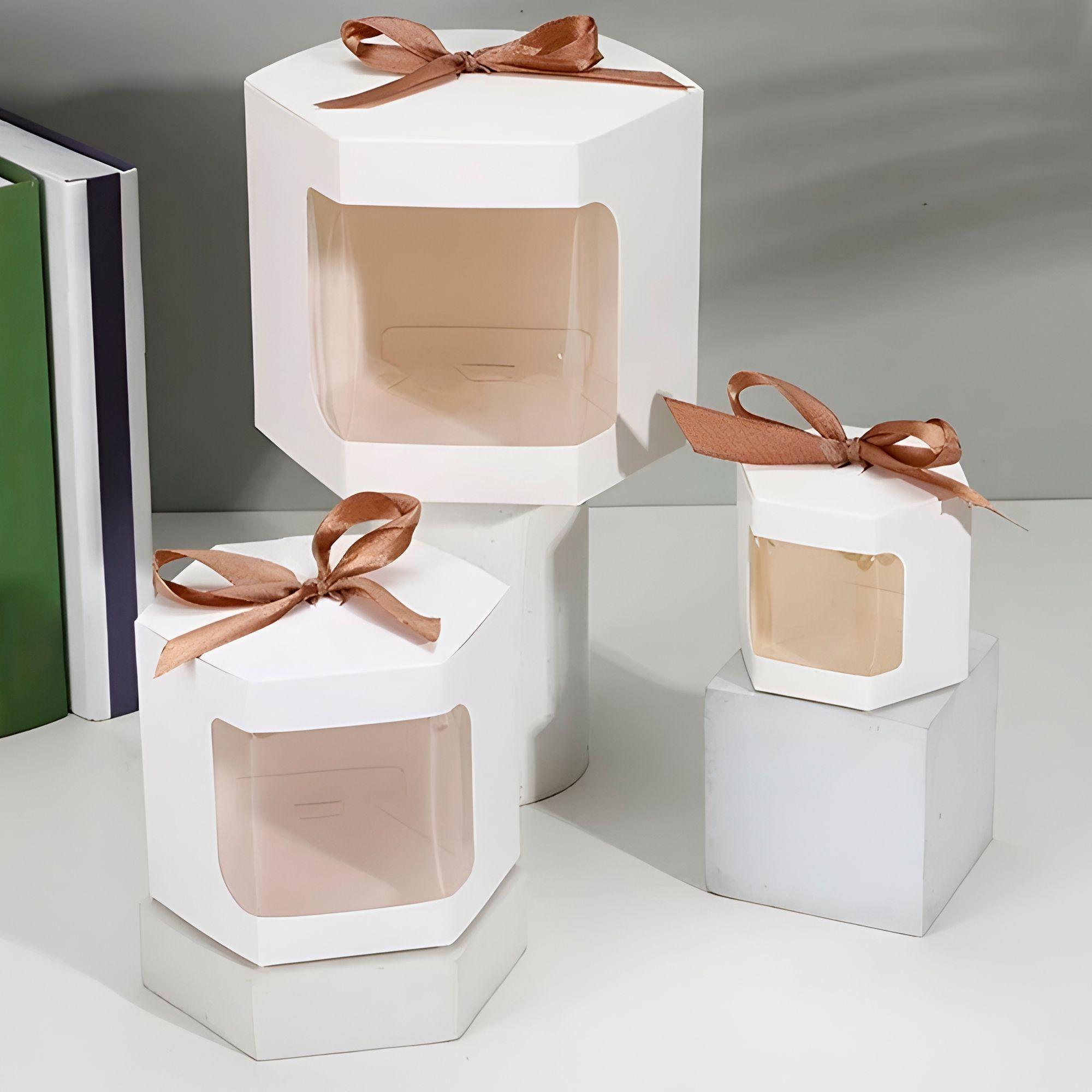 20 Cajas Regalo Hexagonal Blanca Visor Frontal 13x13x13 Cm-7