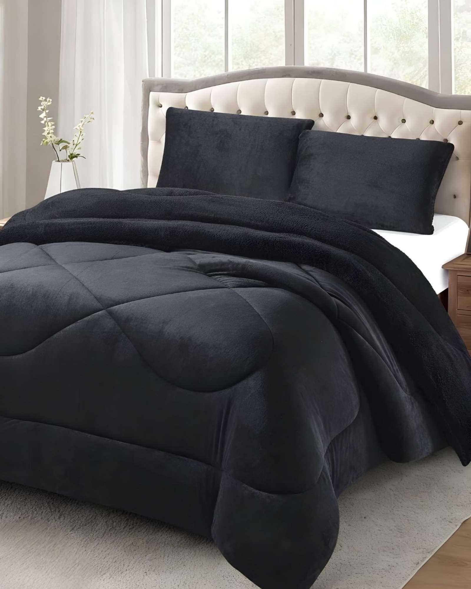 Cubrecama plush con chiporro Acolchado liso 2 plazas negro-3