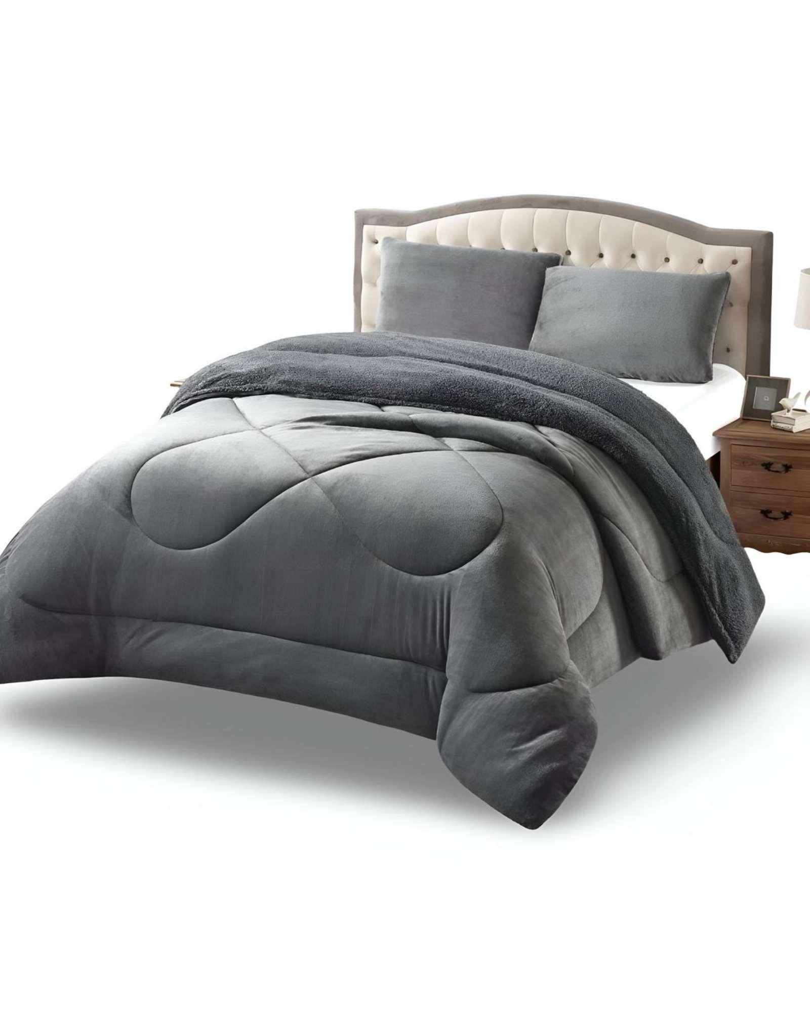 Cubrecama plush con chiporro Acolchado liso plaza y media gris-0