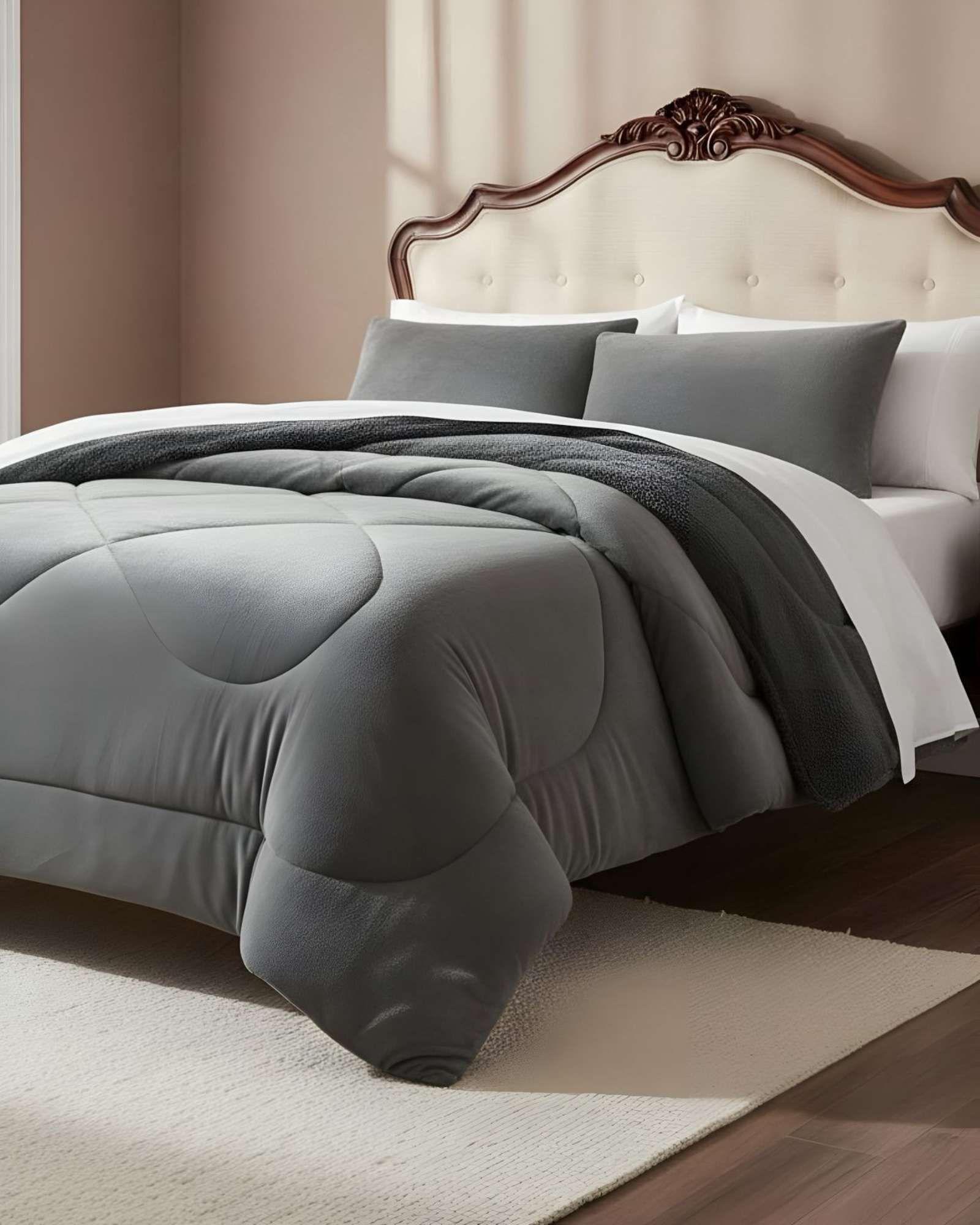 Cubrecama plush con chiporro Acolchado liso 2 plazas gris-3