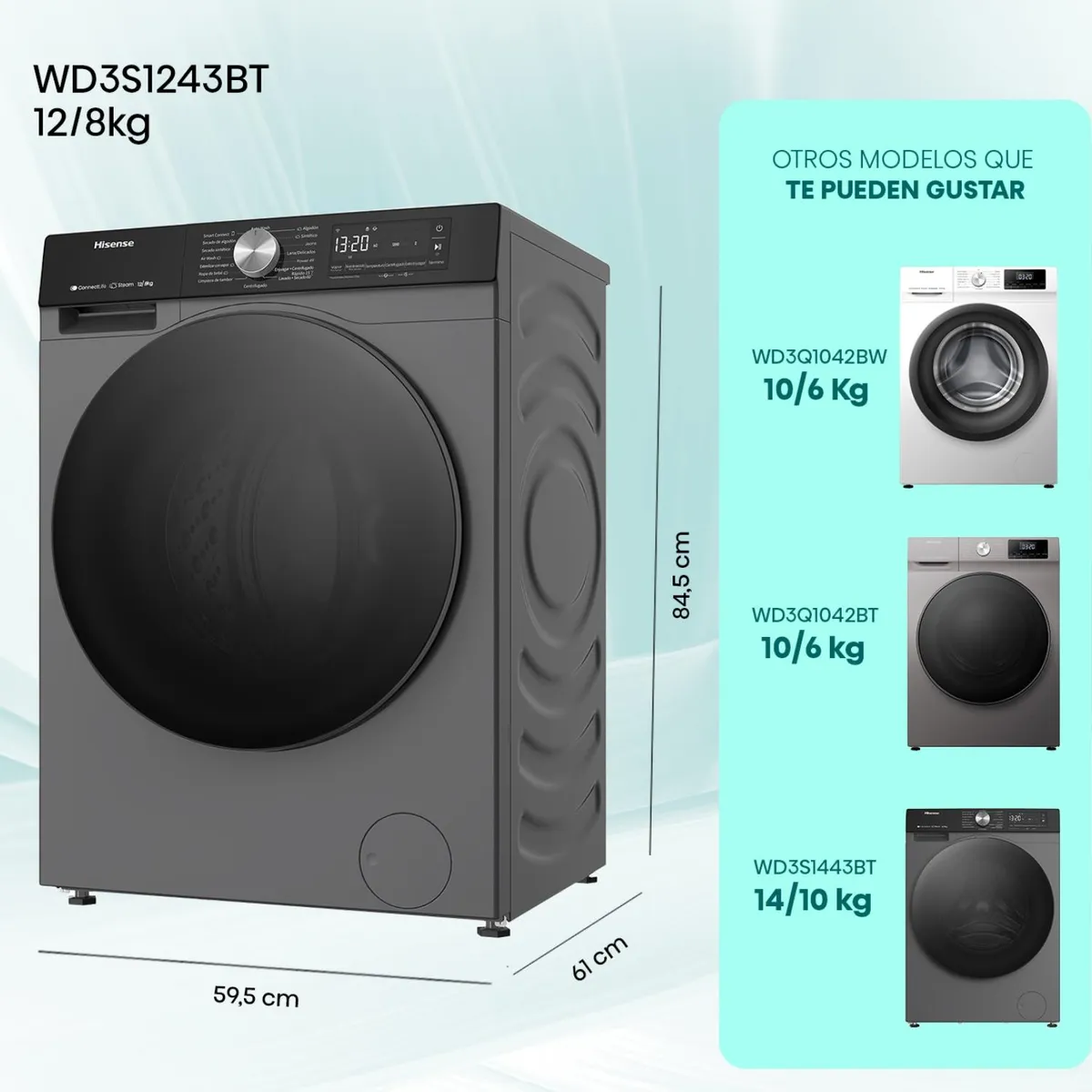 Lavadora Secadora Hisense WD3S1243BT 12 kg/7kg Negro Frontal-2