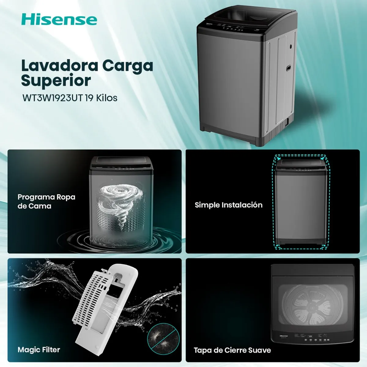 Lavadora Hisense WT3W1923UT 19 kg gris Carga Superior-2