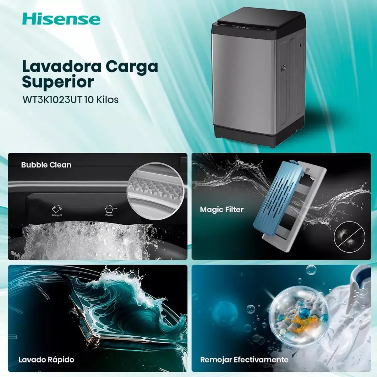 Lavadora Hisense WT3K1023UT 10 kg Gris Carga Superior-2