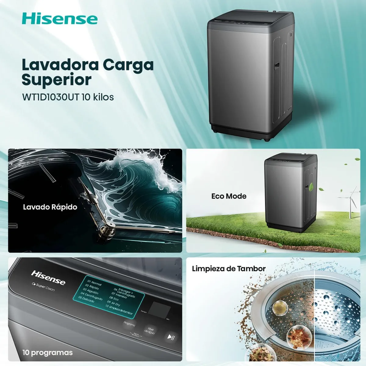 Lavadora Hisense WT1D1030UT 10 kg Titanium Carga Superior-2