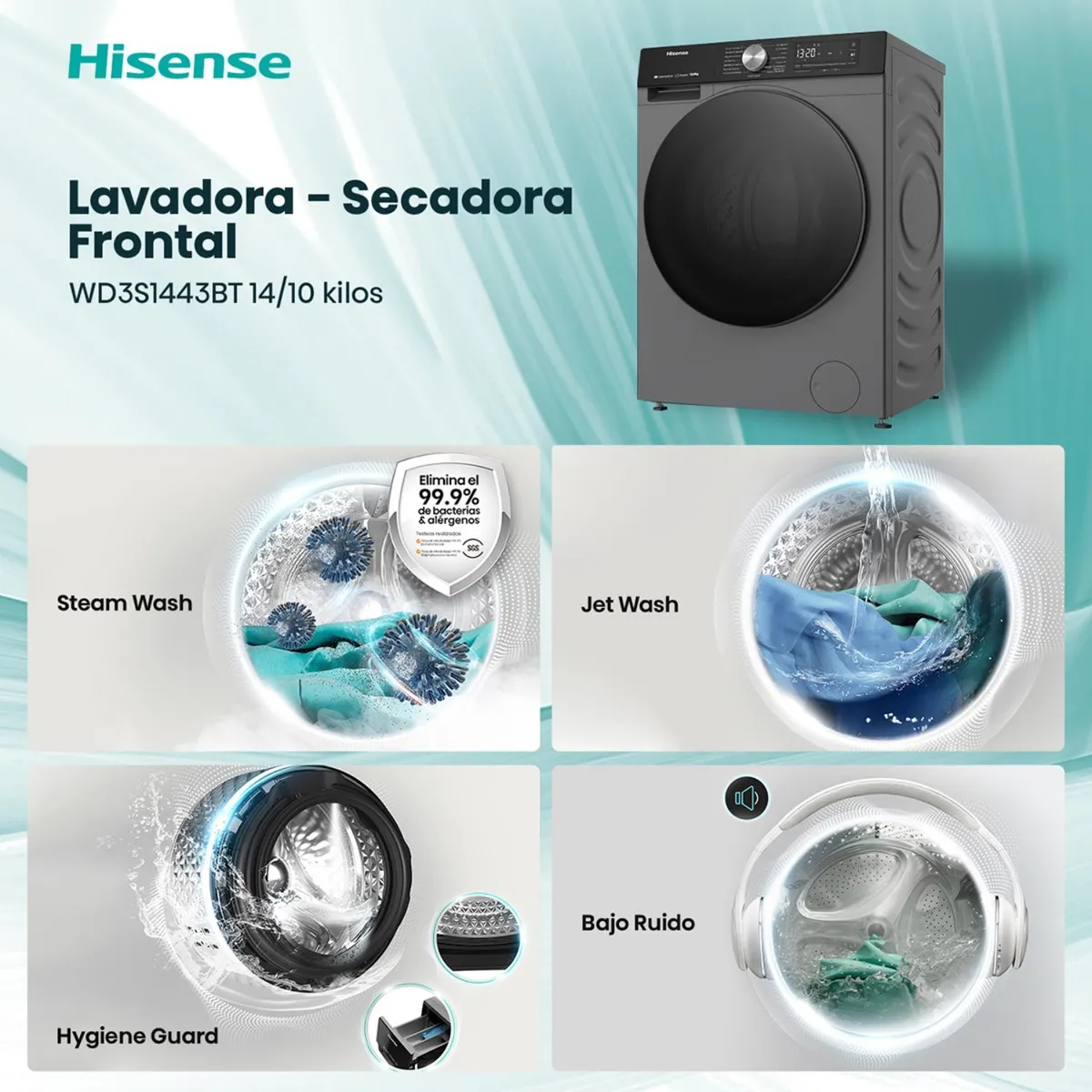 Lavadora Secadora Hisense WD3S1443BT 14kg/9kg Negro frontal-2