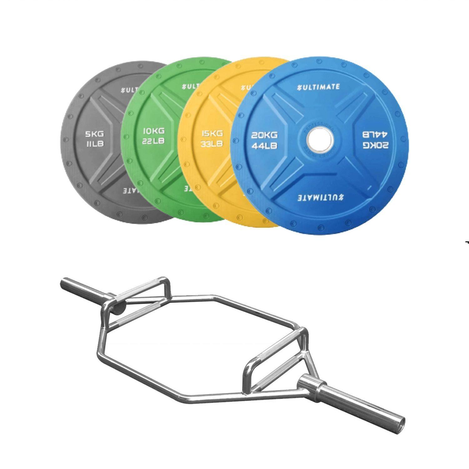 100KG Discos Olímpicos H+Barra Olímpica Hexa Trap-0