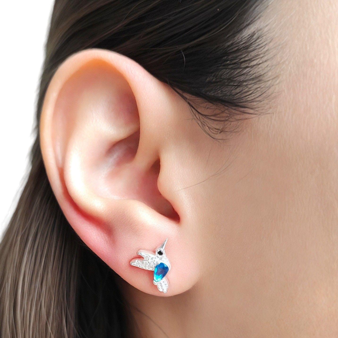 Aros Colibrí Circón Azul Plata Fina 925-3
