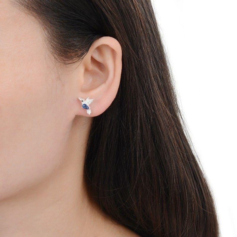 Aros Colibrí Circón Azul Plata Fina 925-4