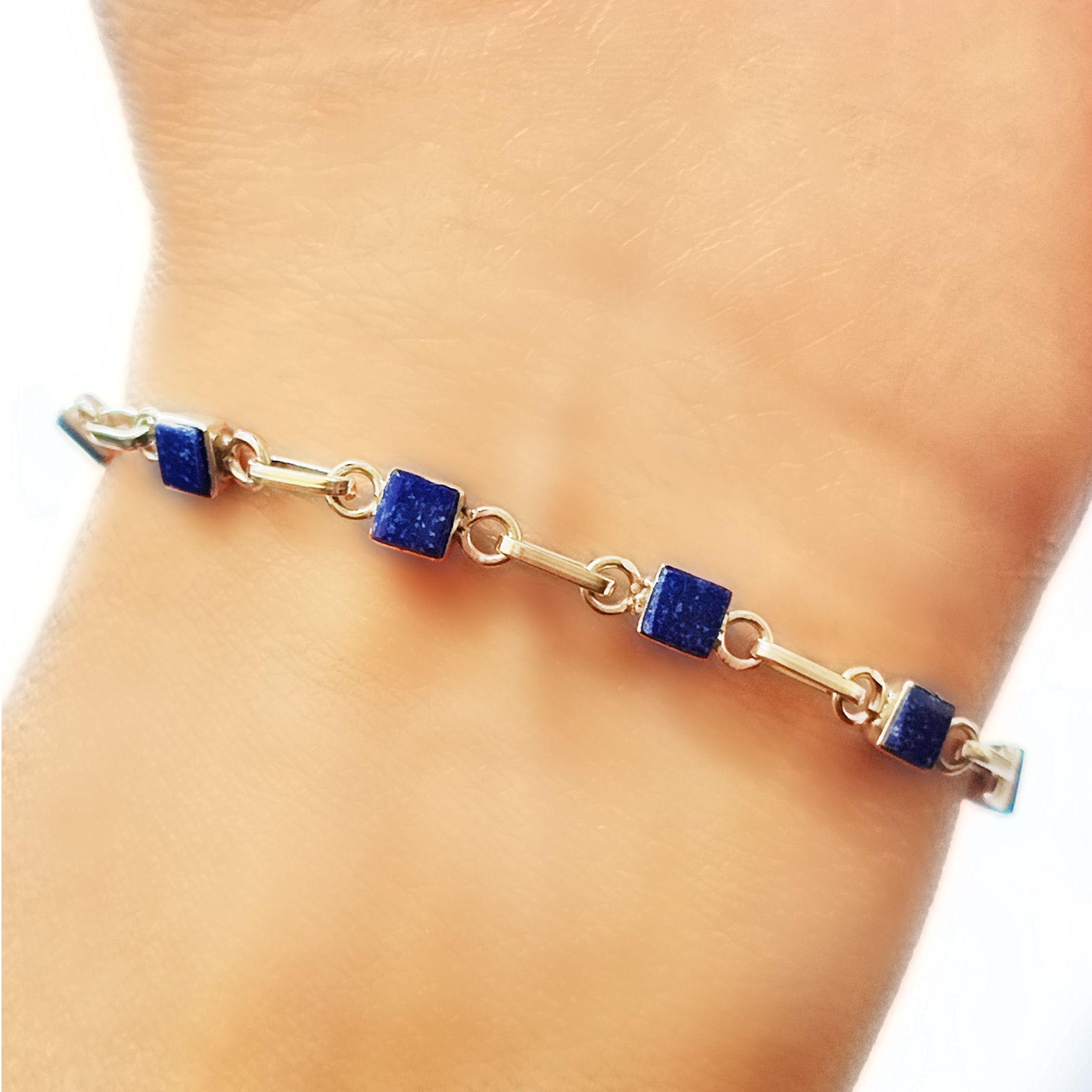 Pulsera Mini Cuadrado Lapislázuli Plata Fina 925-2