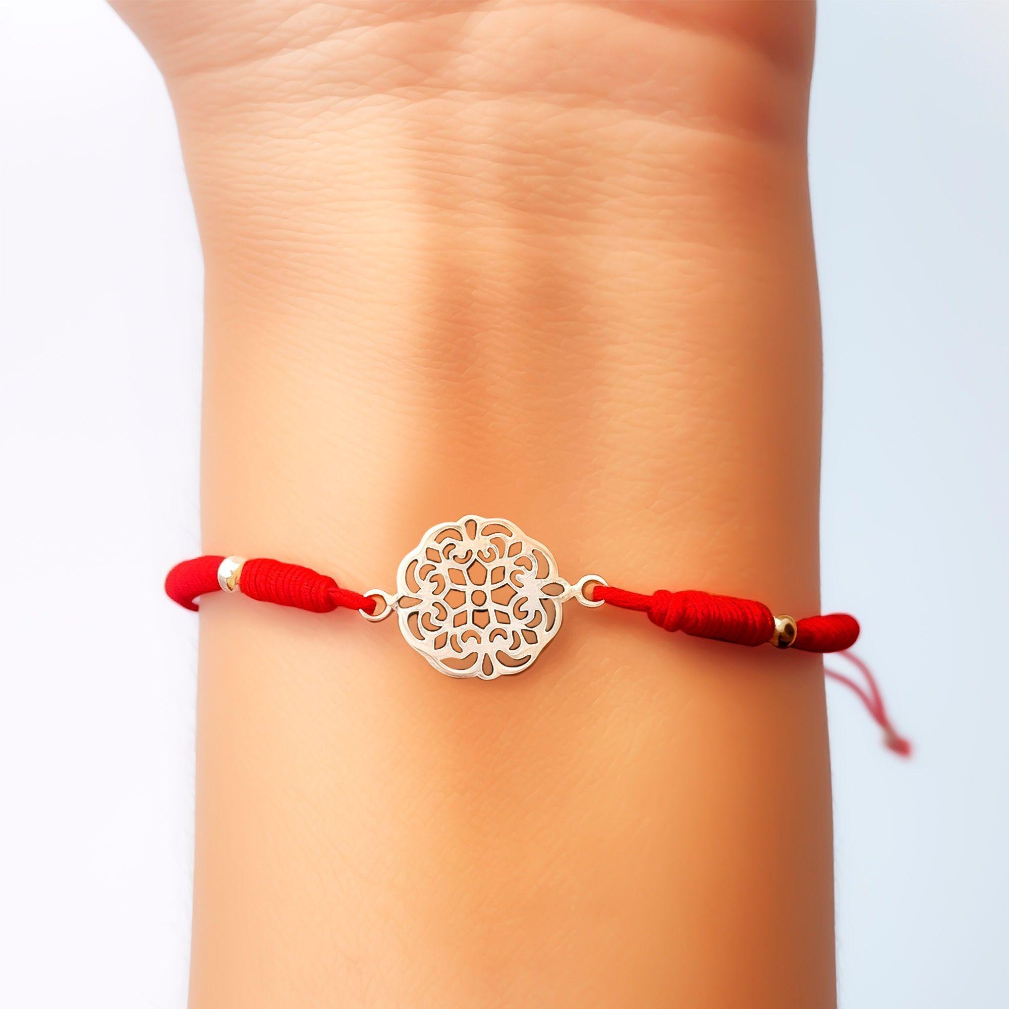 Pulsera Mandala Plata Fina 925 Cordón Rojo-2
