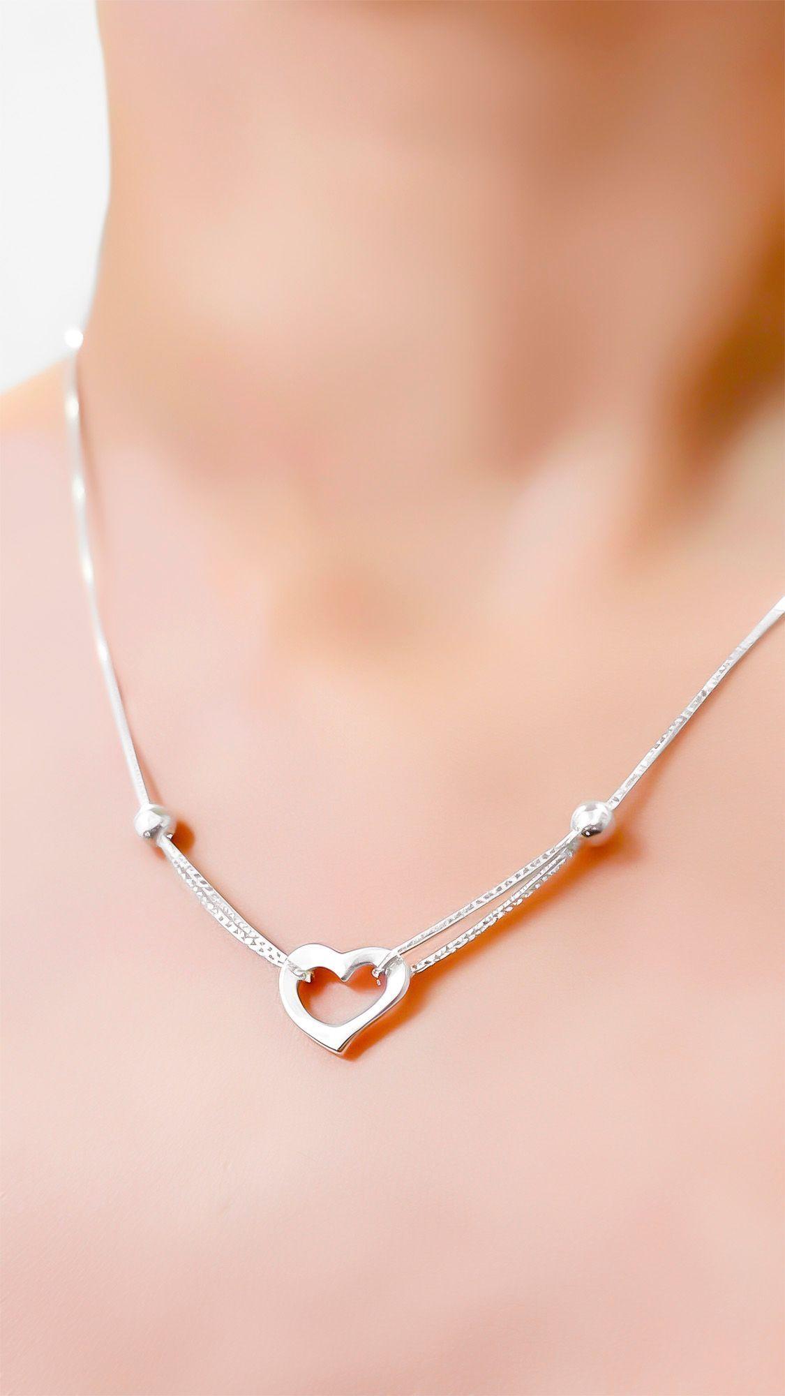 Collar Corazón Bolitas 45cm Plata Fina 925-5