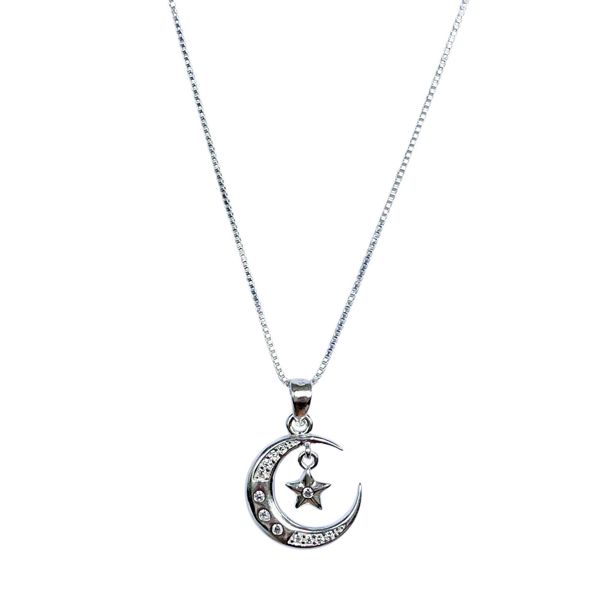 Collar Luna Estrella Circón Blanco Plata Fina 925-2