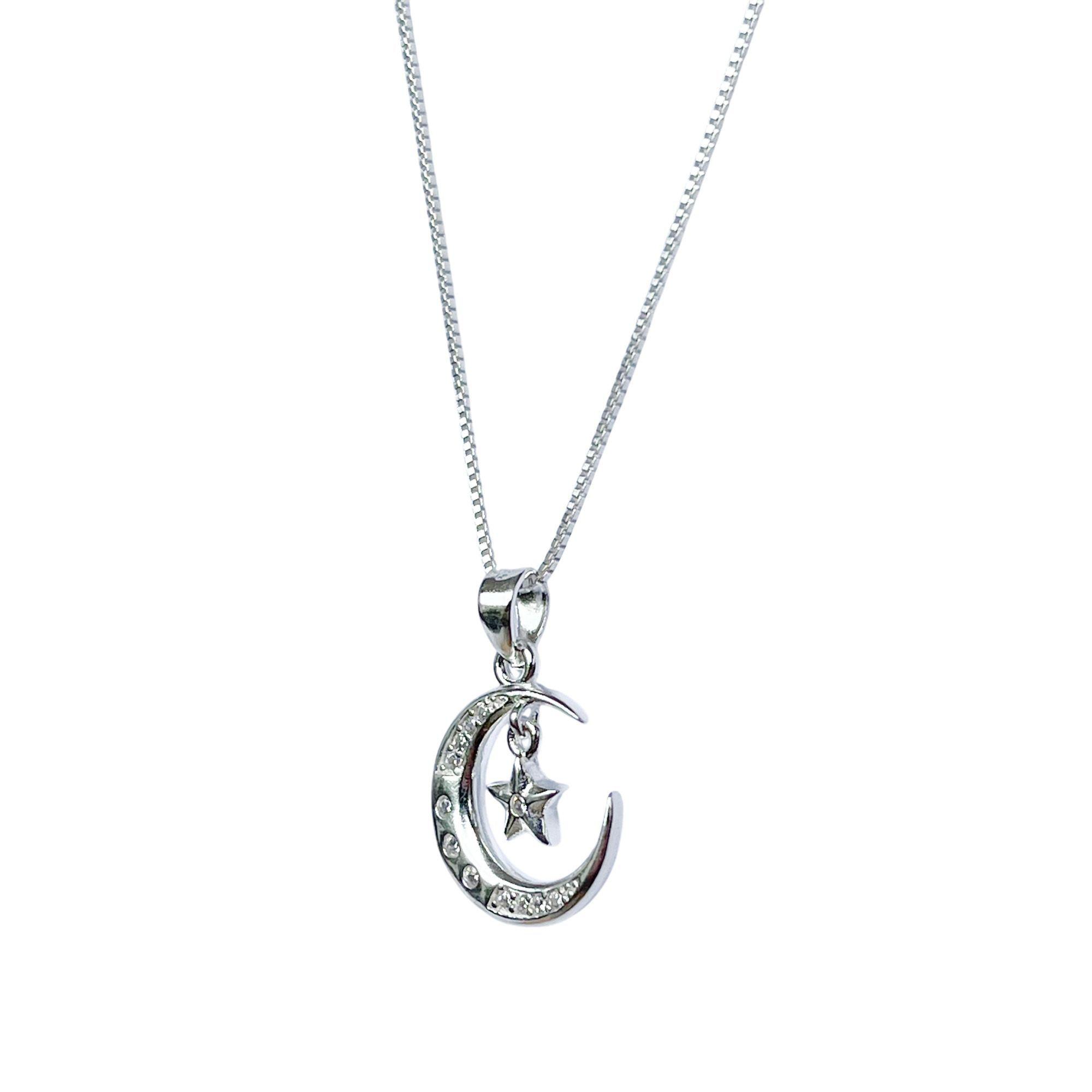 Collar Luna Estrella Circón Blanco Plata Fina 925-3