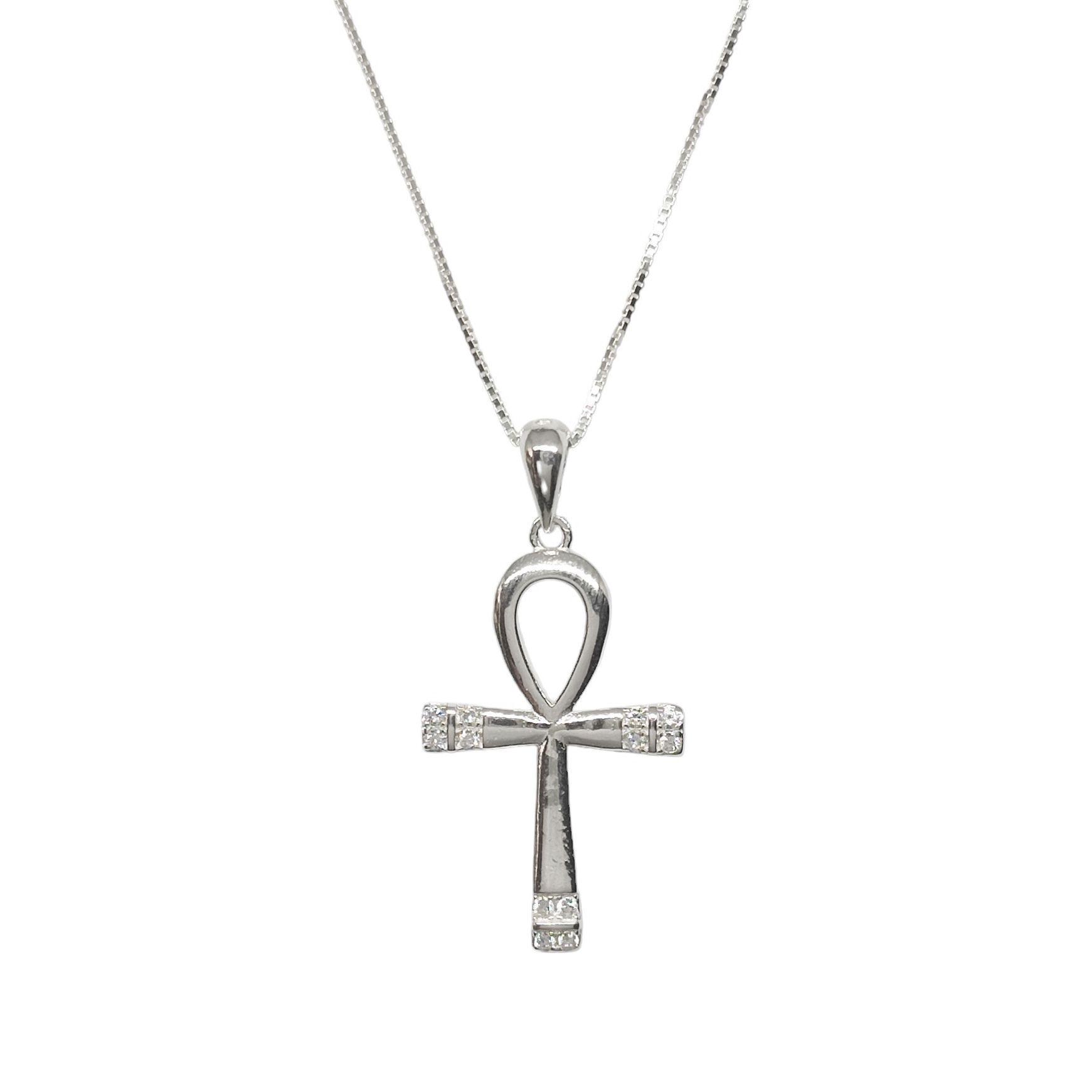 Collar Cruz Ankh Circón Grande Plata Fina 925-0