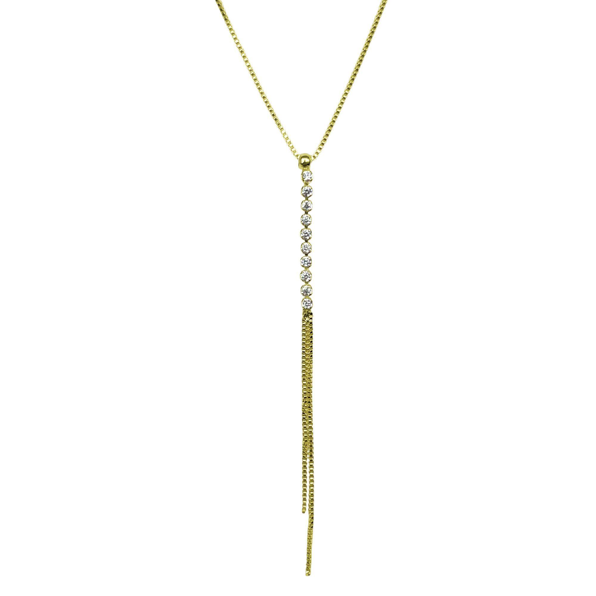 Collar Corbatero Barra Circón Blanco Colgante Enchapado Oro 18K-0