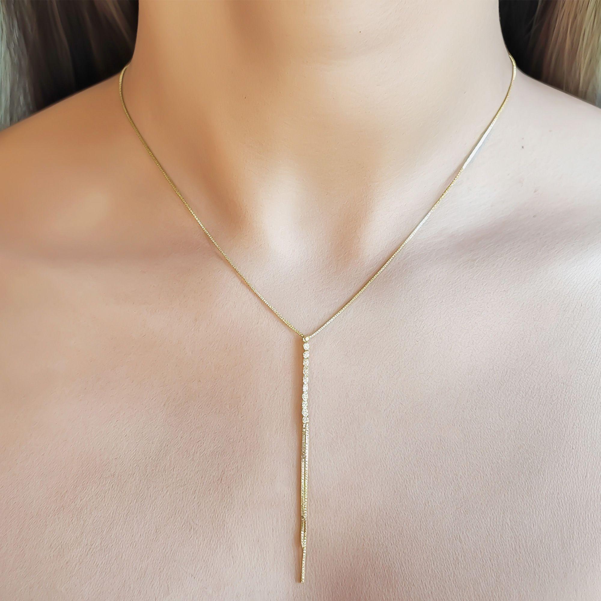 Collar Corbatero Barra Circón Blanco Colgante Enchapado Oro 18K-1